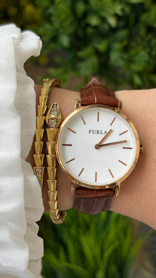 Rare Vintage Furla Minimalist Watch in Gold Tone Brown Leather Quartz #00610
