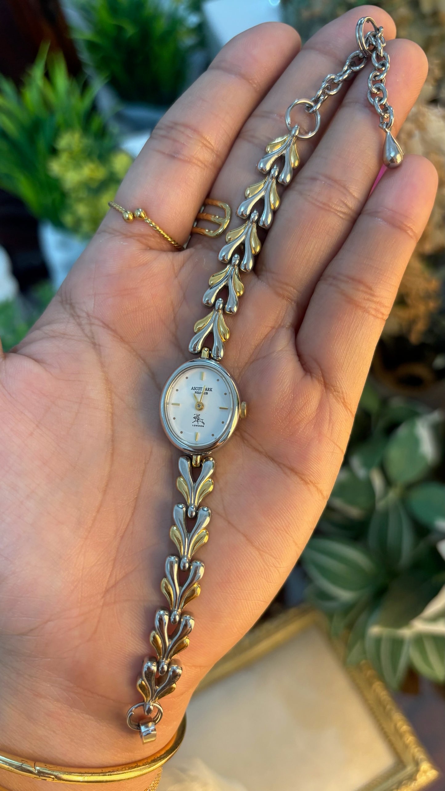 Dainty Vintage Ascott Park Polo Club Heart Link Bracelet Watch in Two-Tone Quartz