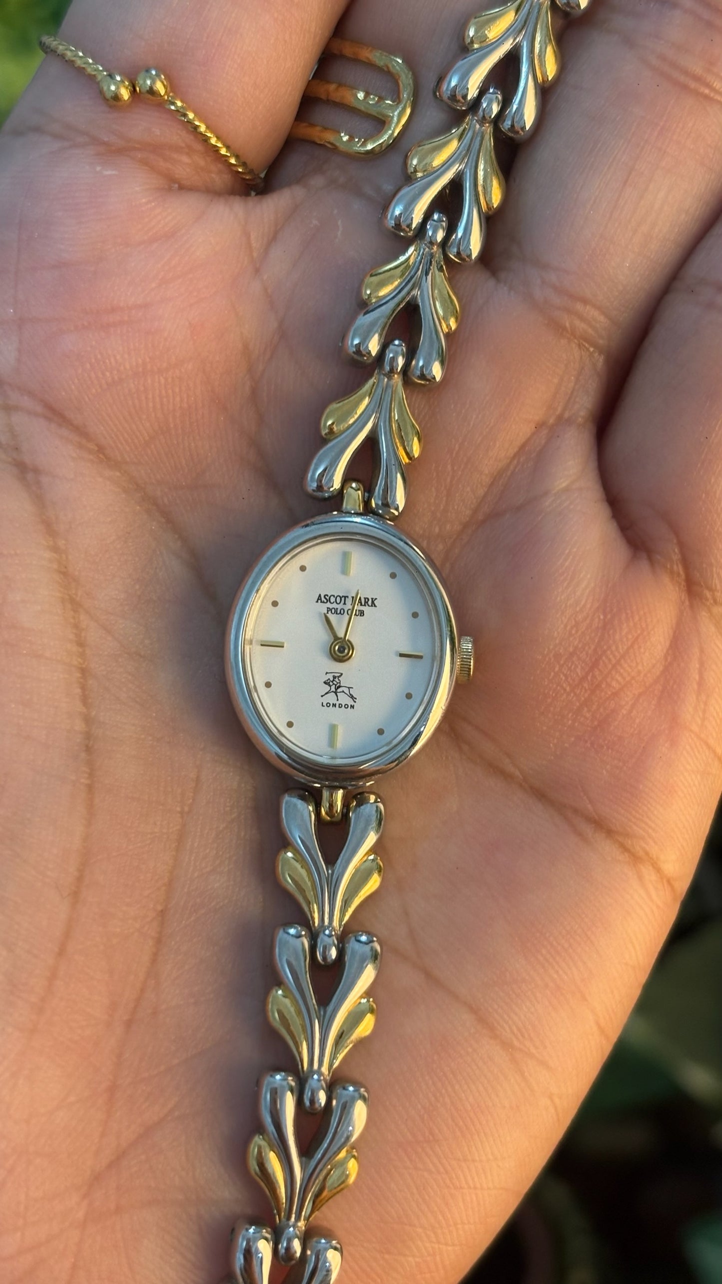 Dainty Vintage Ascott Park Polo Club Heart Link Bracelet Watch in Two-Tone Quartz