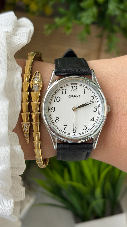 Vintage Current Men's Watch in Silver Tone Black Leather Quartz #00606