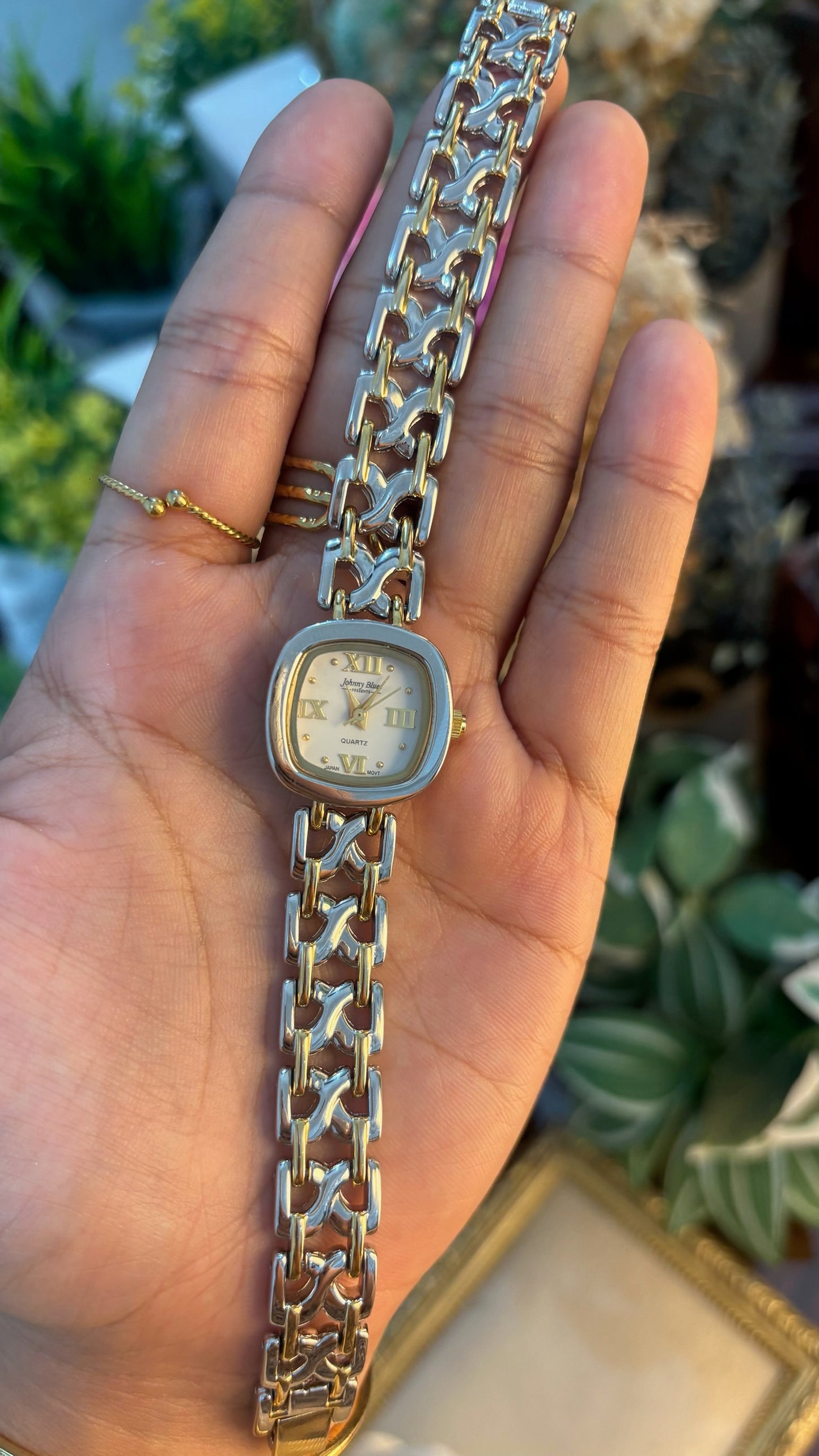 Vintage Johnny Blues Mini Square Dial Hourglass Links Bracelet Watch in Two-Tone Quartz