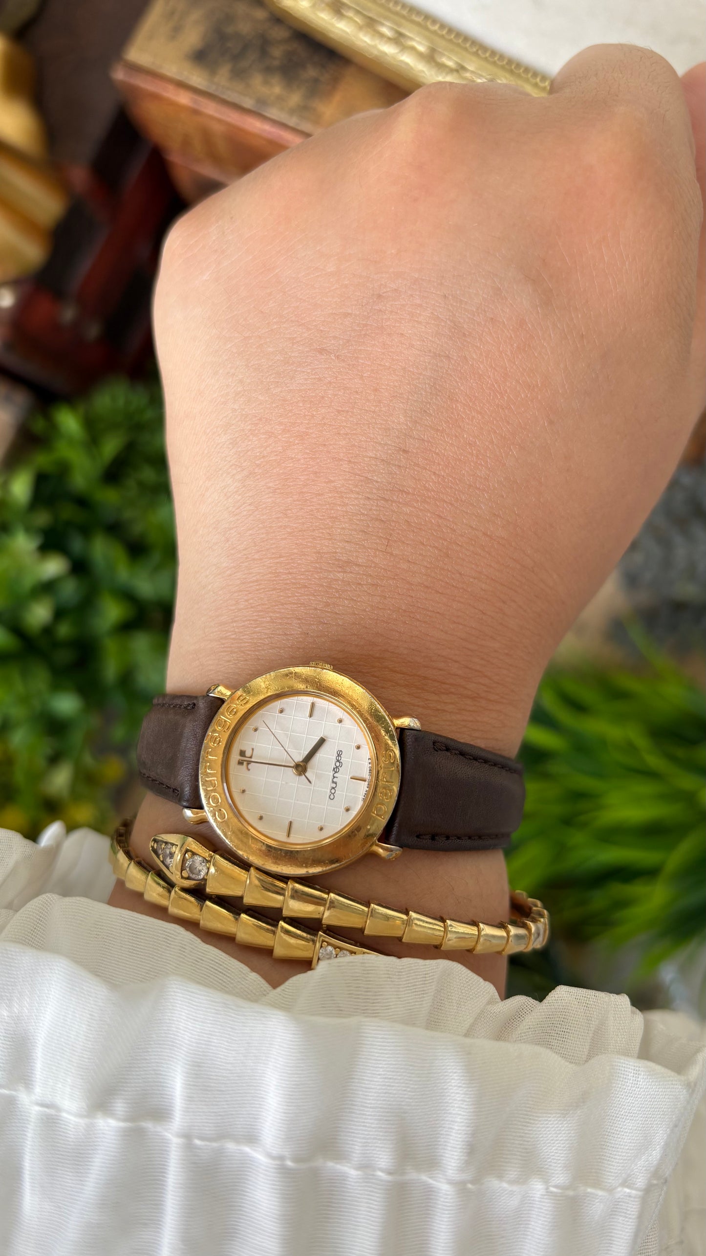 Vintage Courreges Paris Engraved Bezel Watch in Gold Tone Brown Leather Grid Dial Quartz #00604