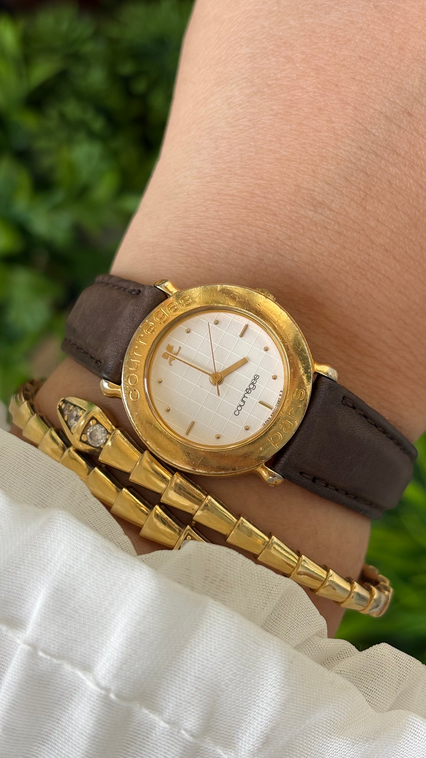 Vintage Courreges Paris Engraved Bezel Watch in Gold Tone Brown Leather Grid Dial Quartz #00604