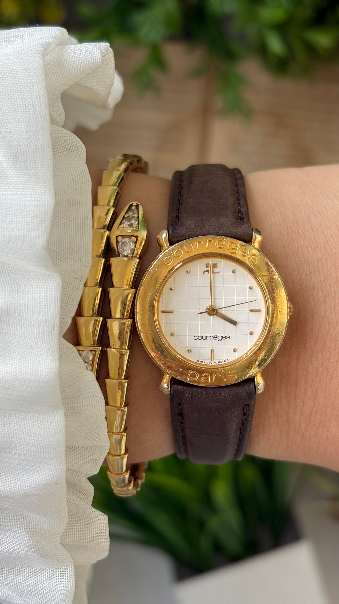 Vintage Courreges Paris Engraved Bezel Watch in Gold Tone Brown Leather Grid Dial Quartz #00604