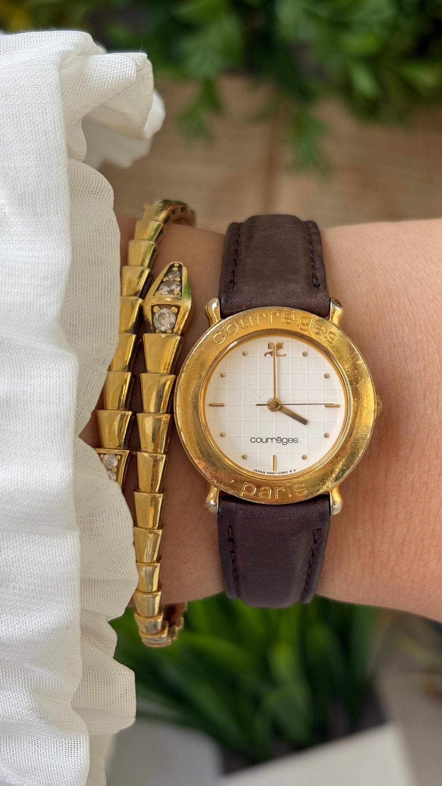 Vintage Courreges Paris Engraved Bezel Watch in Gold Tone Brown Leather Grid Dial Quartz #00604