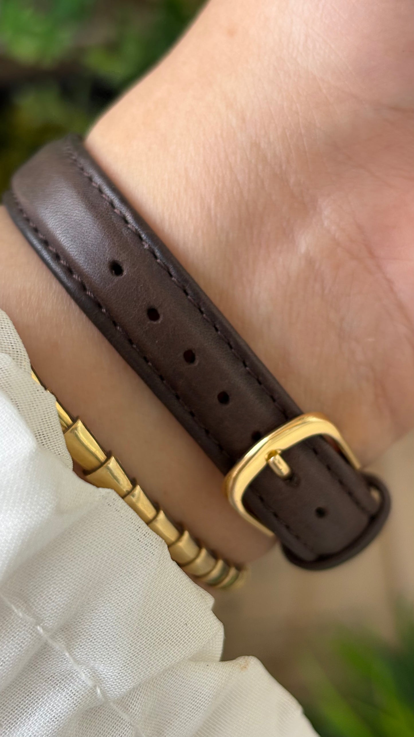 Vintage Courreges Paris Engraved Bezel Watch in Gold Tone Brown Leather Grid Dial Quartz #00604