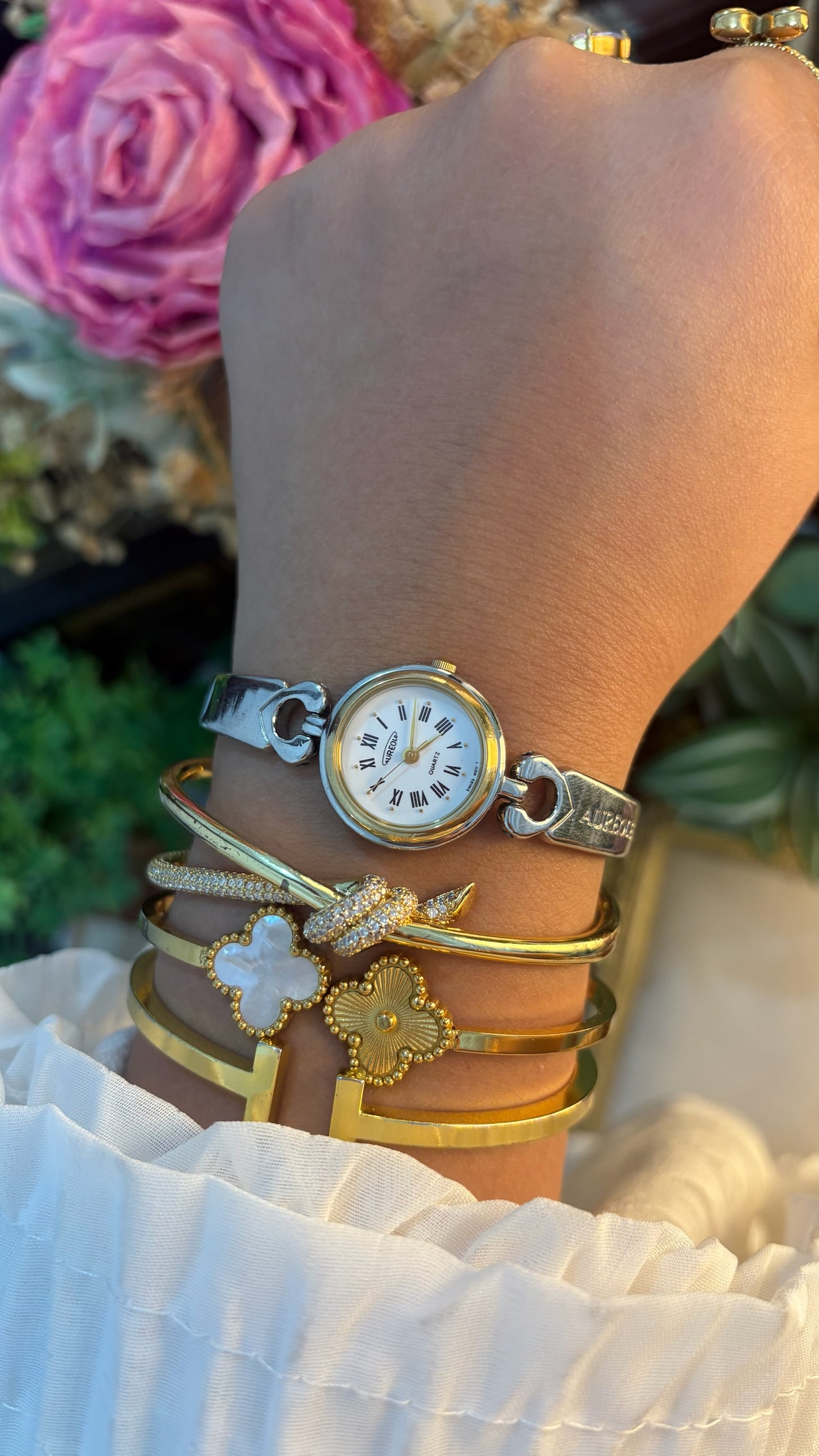 Vintage Aureole Roman Dial Semi-Bangle Watch in Two-Tone Quartz