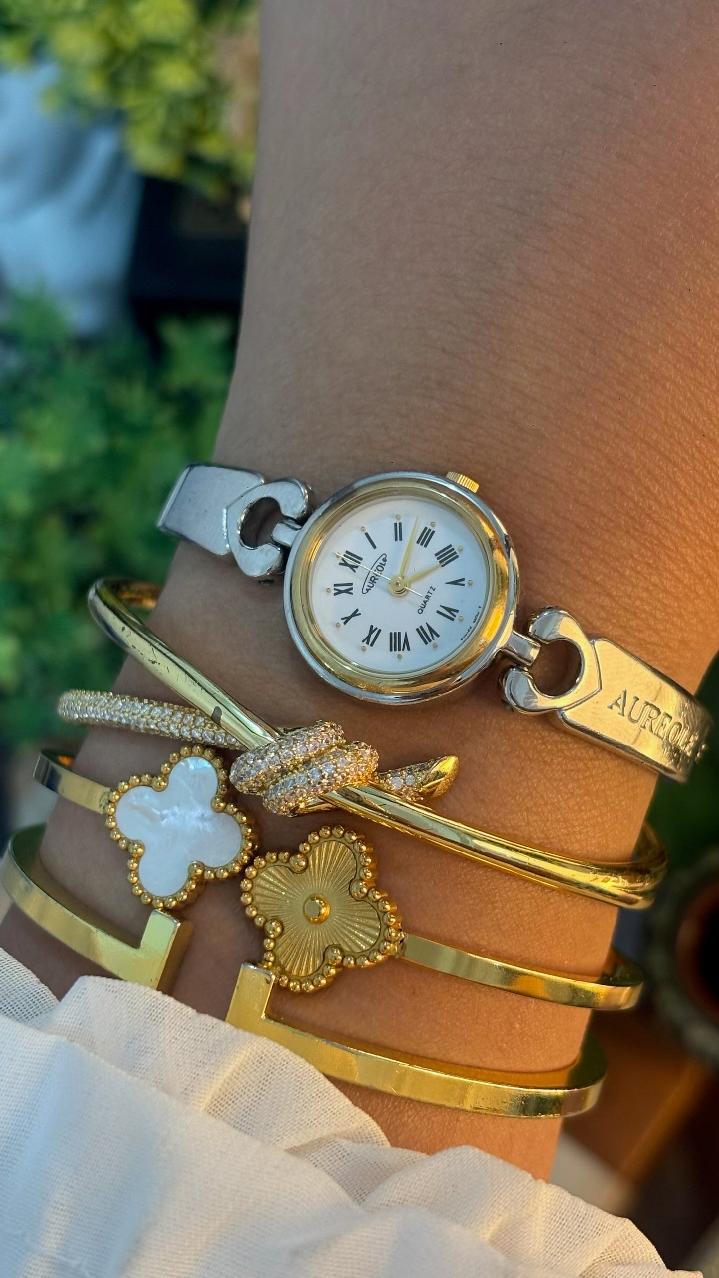 Vintage Aureole Roman Dial Semi-Bangle Watch in Two-Tone Quartz