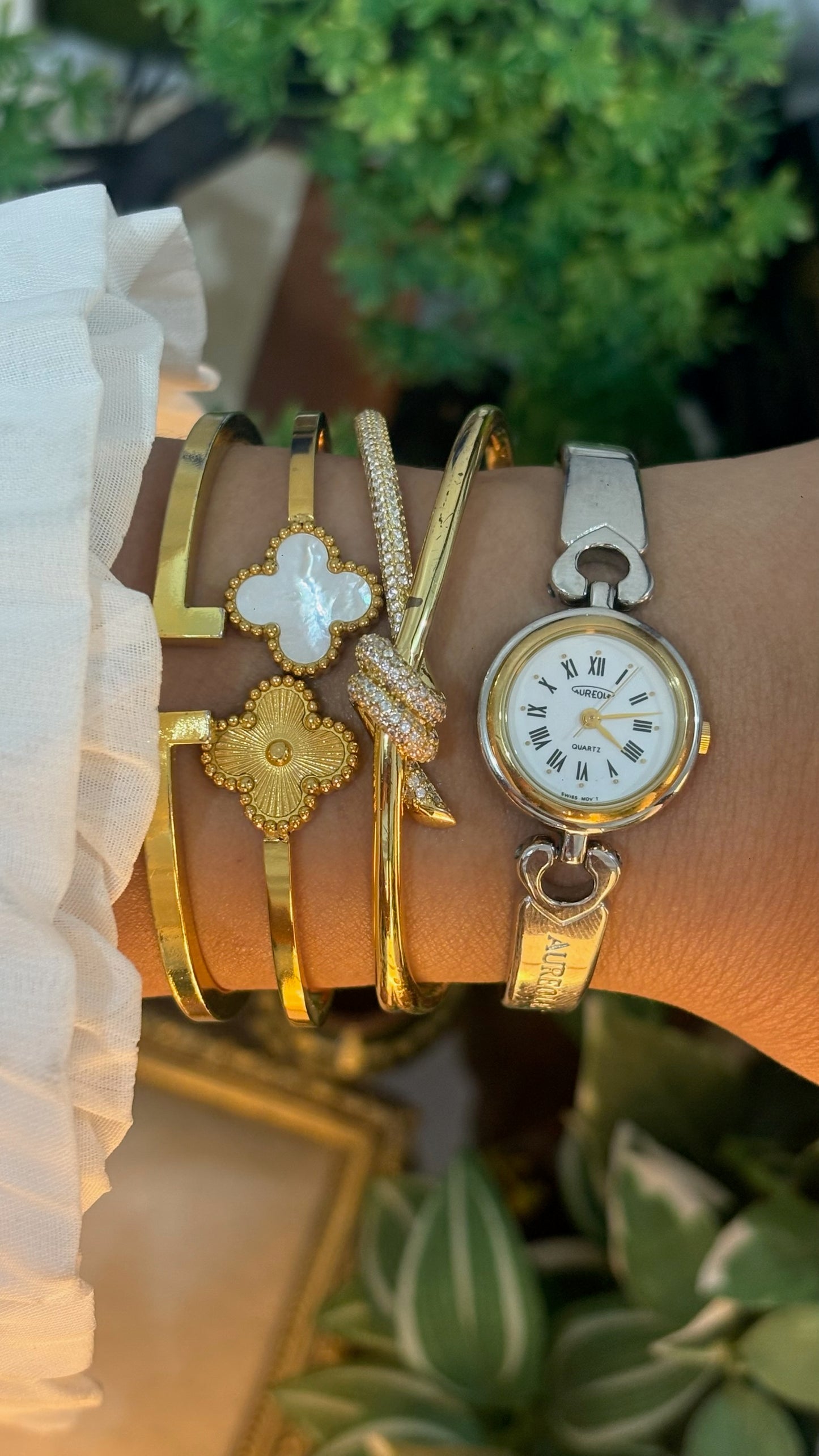 Vintage Aureole Roman Dial Semi-Bangle Watch in Two-Tone Quartz