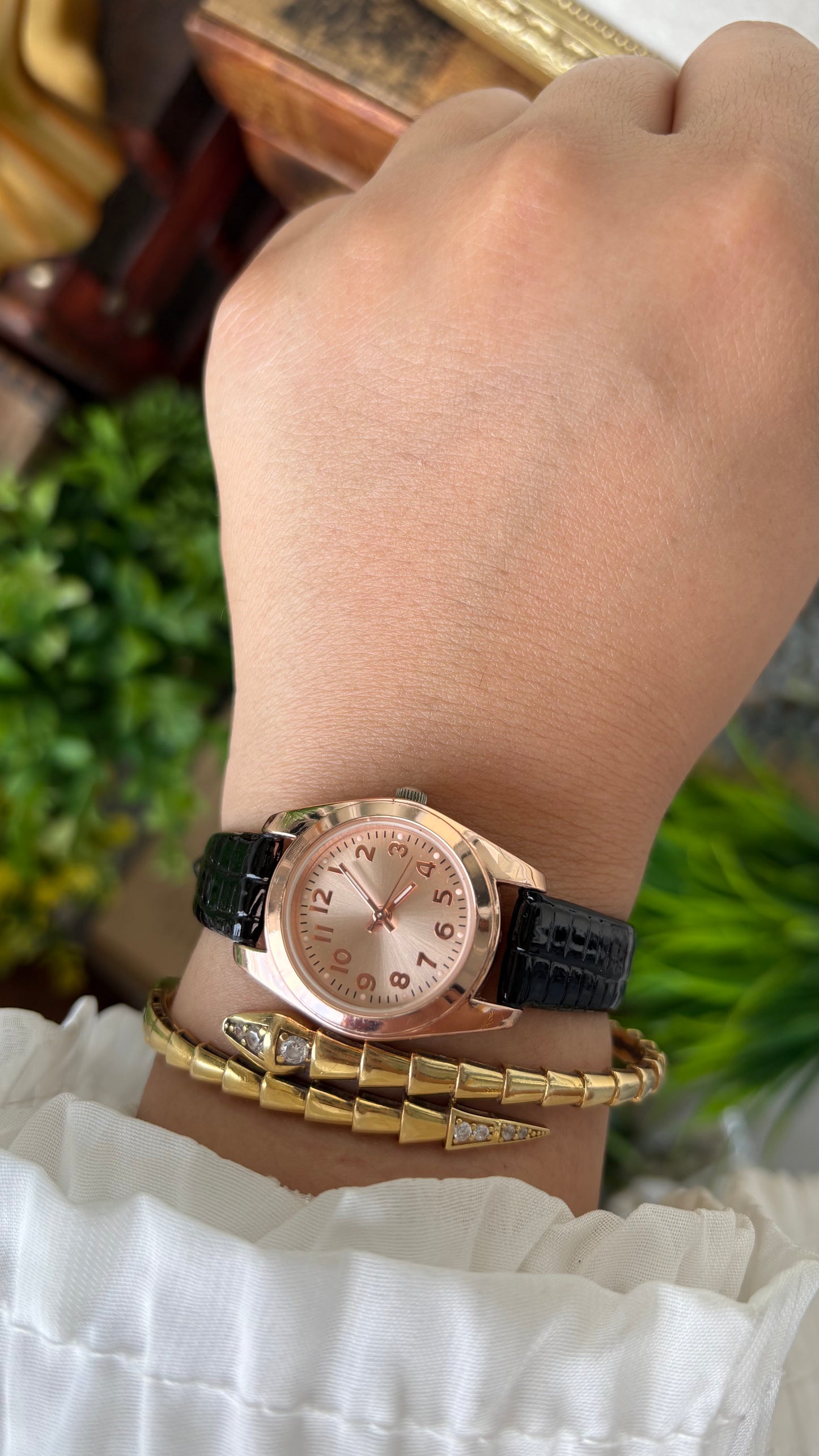 Vintage FMD Minimalist Watch in Rose Gold Tone Black Leather Quartz #00616