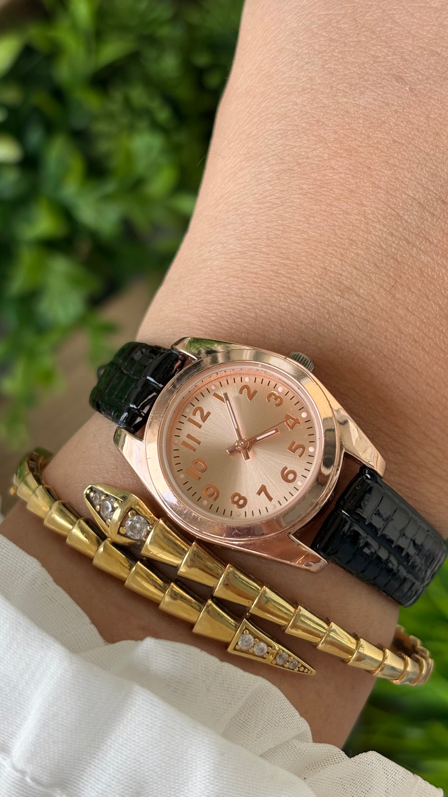 Vintage FMD Minimalist Watch in Rose Gold Tone Black Leather Quartz #00616