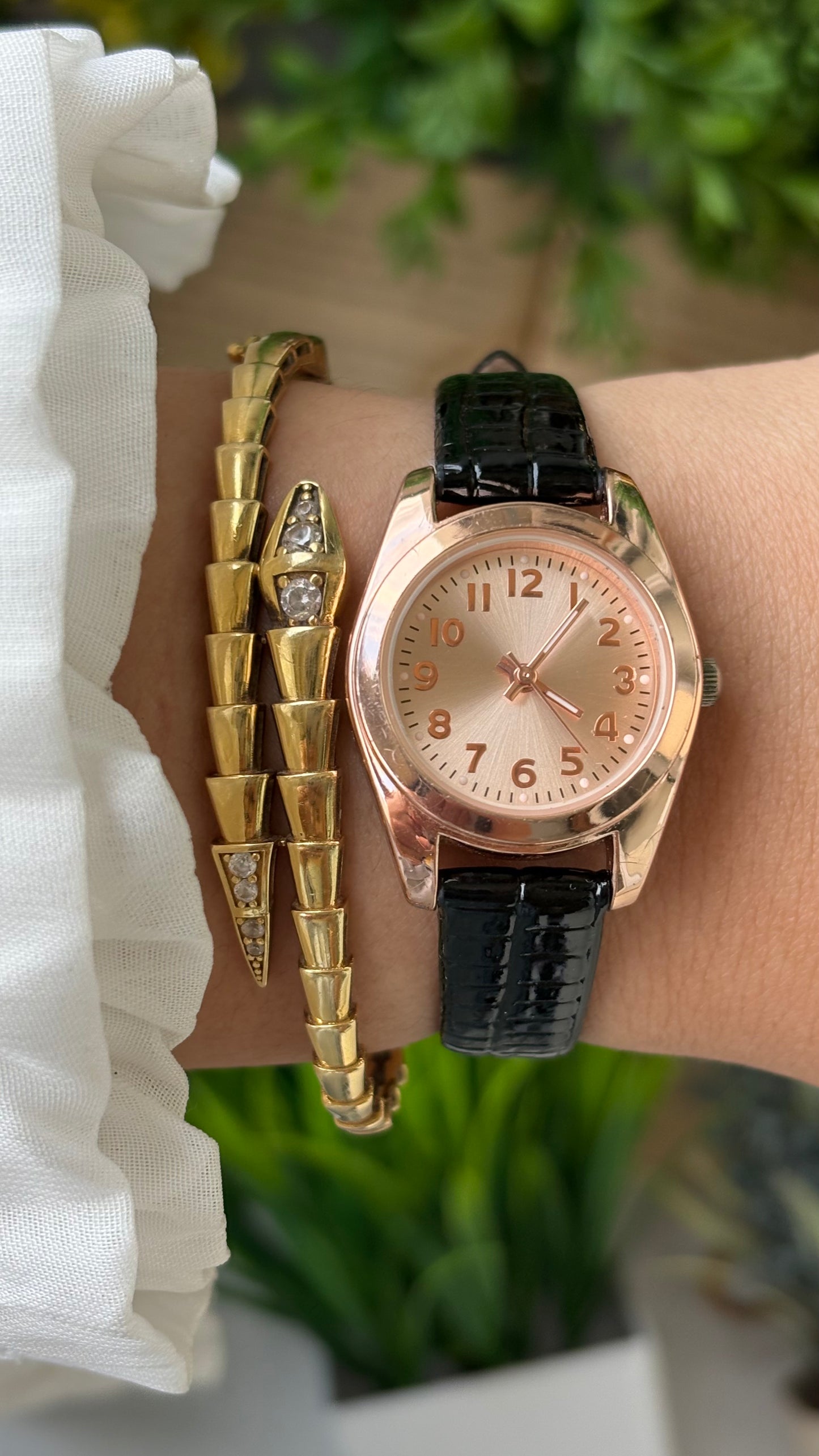 Vintage FMD Minimalist Watch in Rose Gold Tone Black Leather Quartz #00616