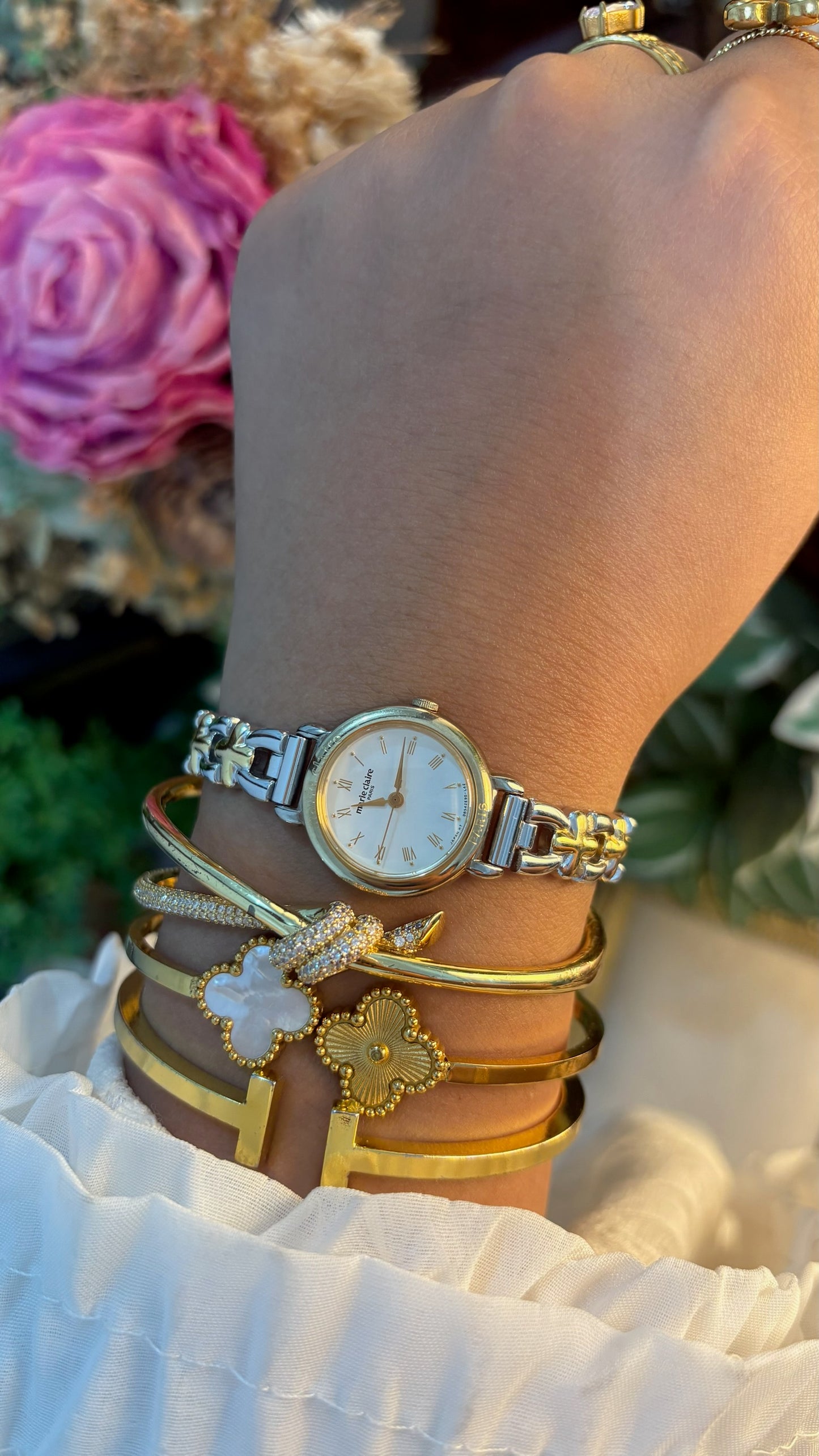 Vintage Marie Claire Wishbone Links Bracelet Watch in Two-Tone Quartz