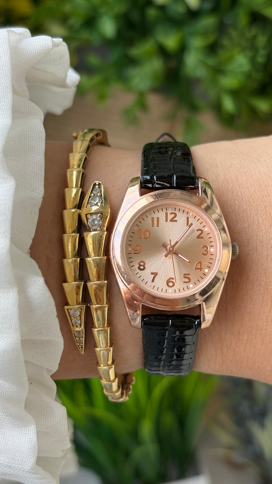 Vintage FMD Minimalist Watch in Rose Gold Tone Black Leather Quartz #00616