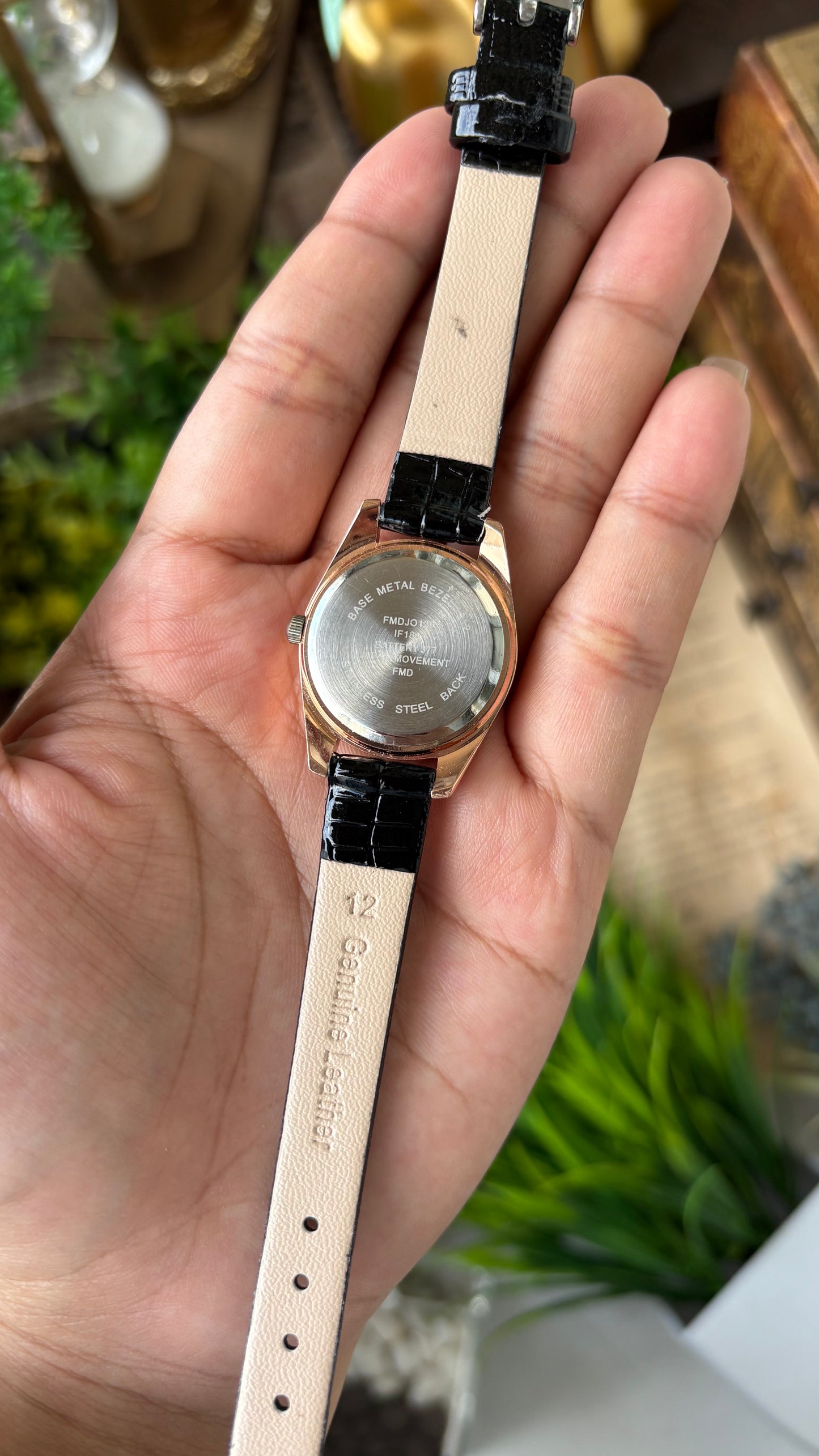 Vintage FMD Minimalist Watch in Rose Gold Tone Black Leather Quartz #00616