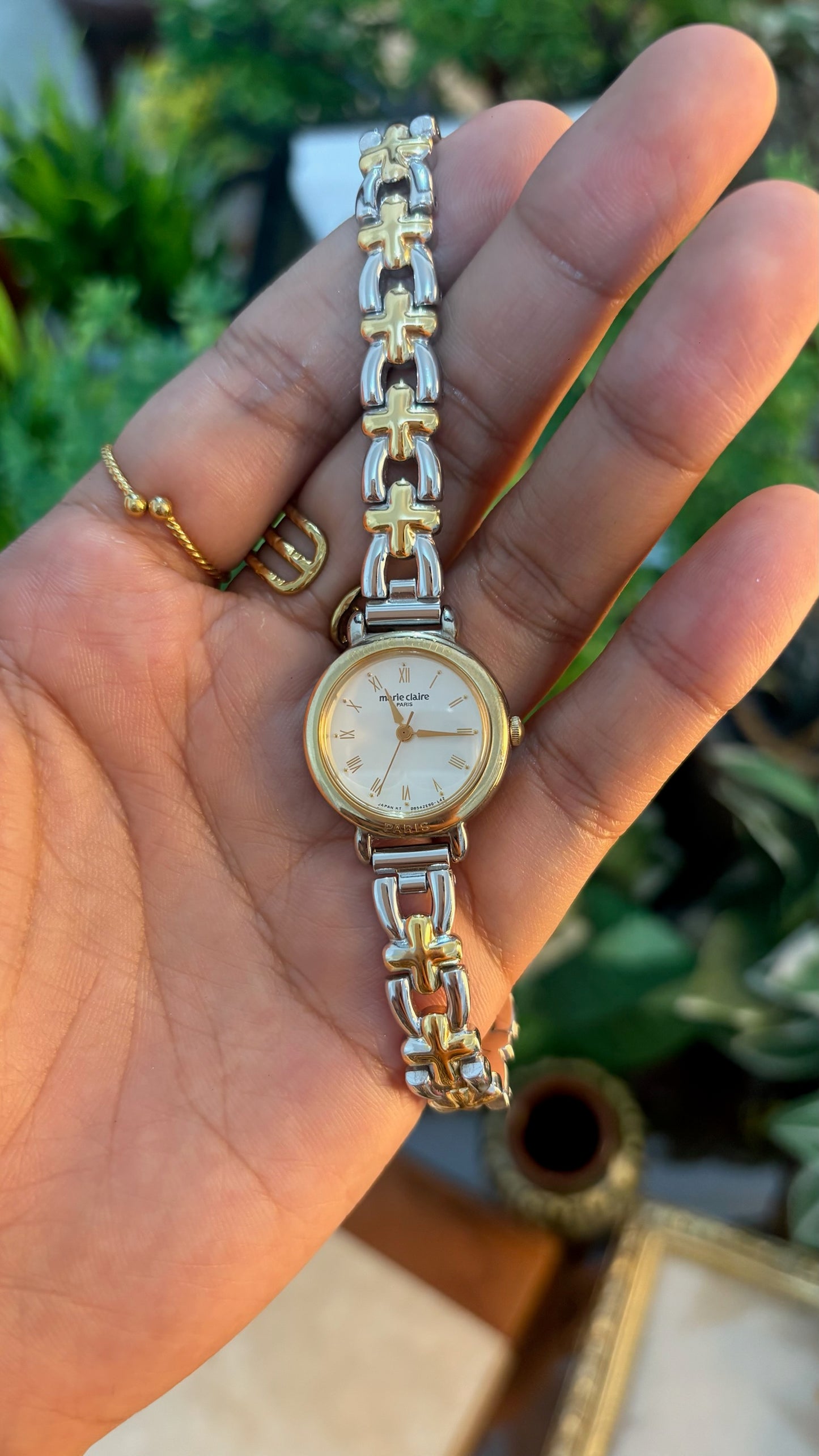 Vintage Marie Claire Wishbone Links Bracelet Watch in Two-Tone Quartz