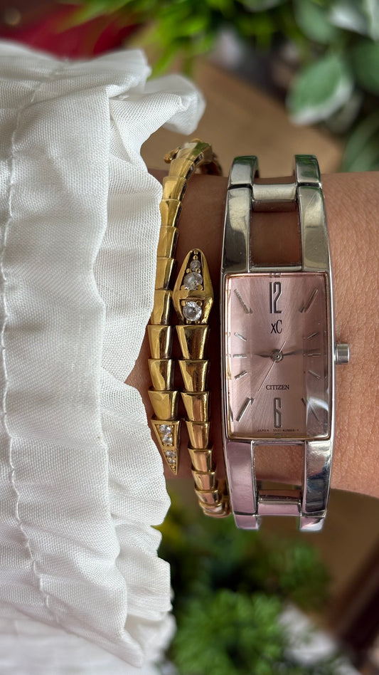 Vintage Citizen Watch in Silver Tone Pink Dial Rare Belt Style Bangle
