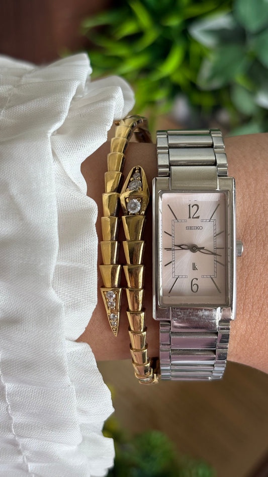 Vintage Seiko Tank Watch in Silver Tone Pink Dial
