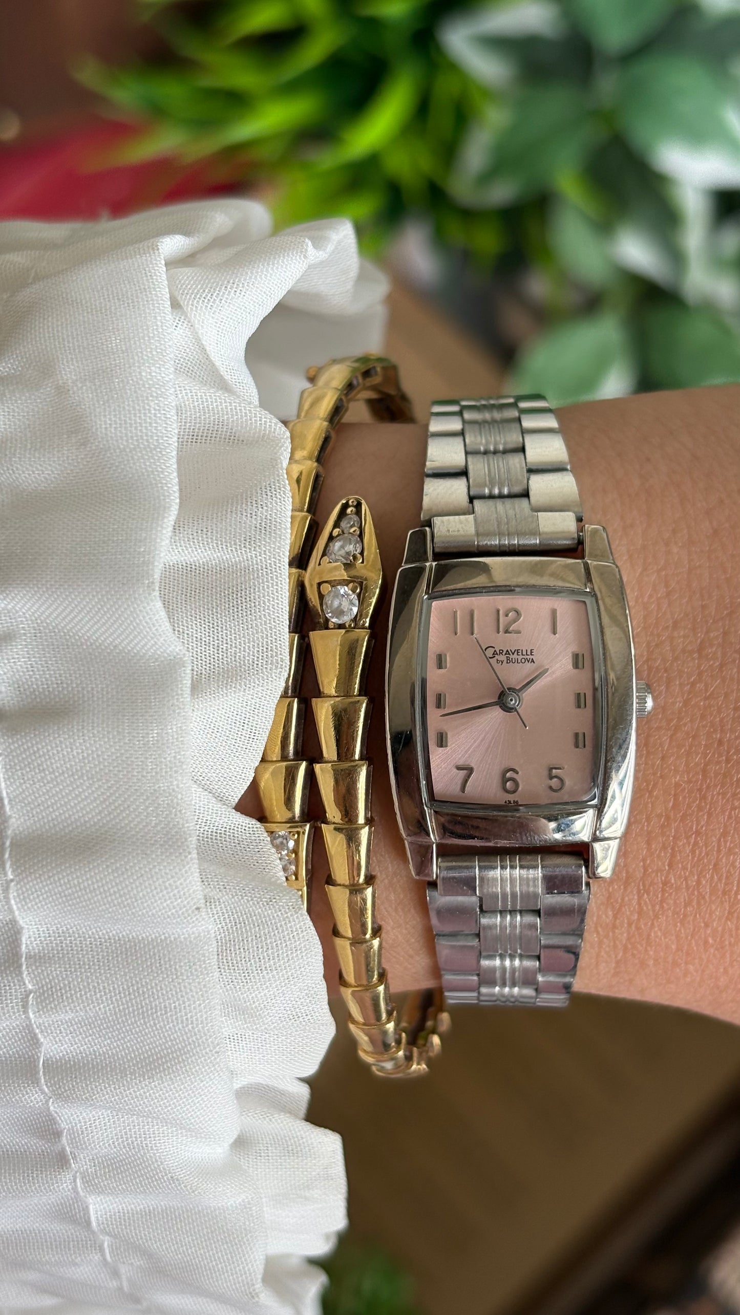 Vintage Caravelle by Bulova Mini Tank Watch in Silver Tone Pink Dial