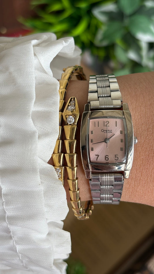 Vintage Caravelle by Bulova Mini Tank Watch in Silver Tone Pink Dial