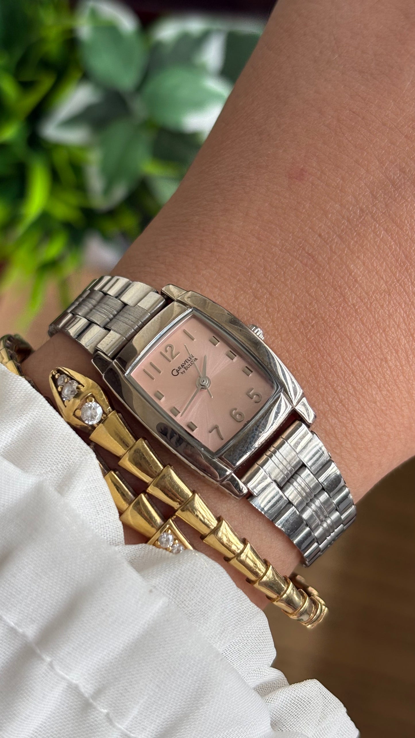 Vintage Caravelle by Bulova Mini Tank Watch in Silver Tone Pink Dial