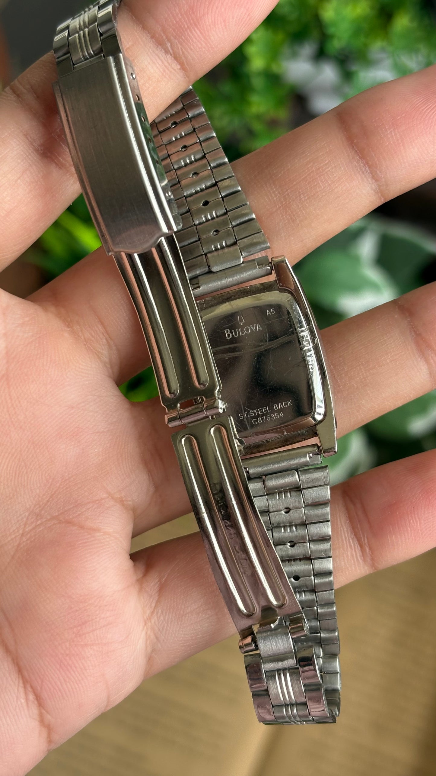 Vintage Caravelle by Bulova Mini Tank Watch in Silver Tone Pink Dial