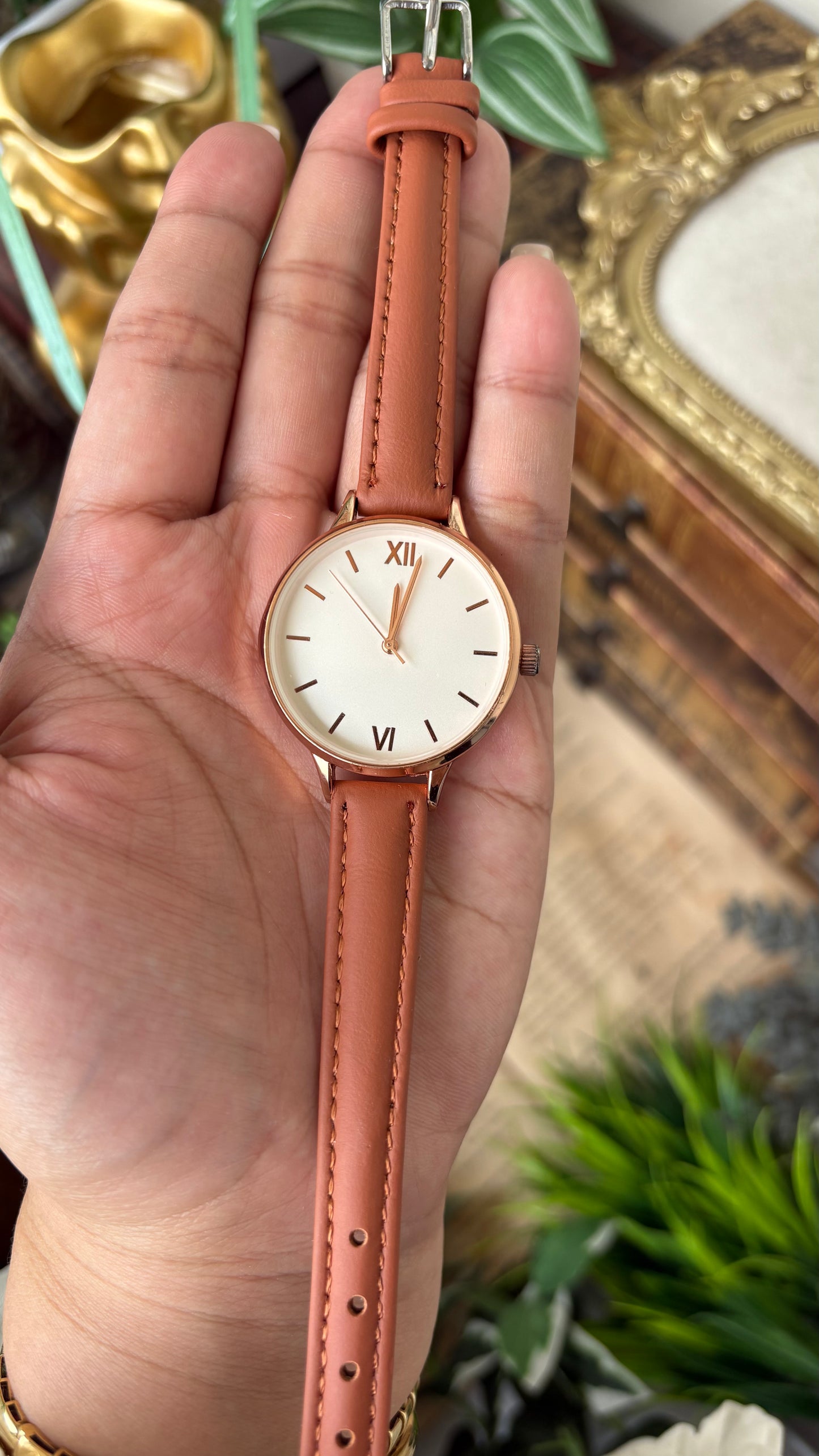 Vintage Japan Quartz Minimalist Watch in Rose Gold Tone Honey Brown Leather #00918