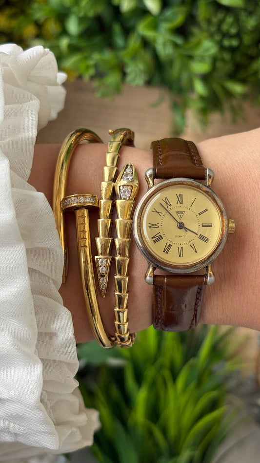 Rare Vintage Guess Gold Roman Dial Watch in Bronze Gold Tone Brown Leather Quartz #00910