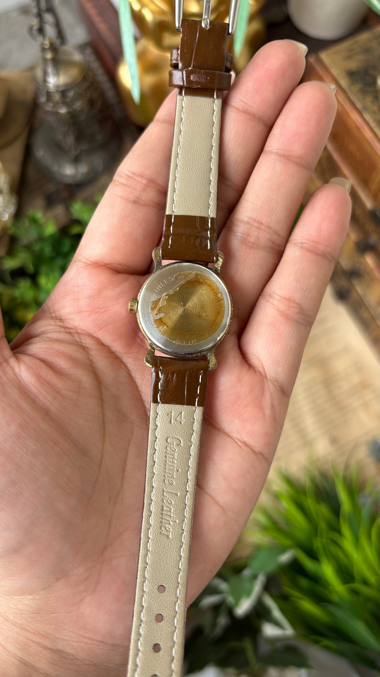 Rare Vintage Guess Gold Roman Dial Watch in Bronze Gold Tone Brown Leather Quartz #00910