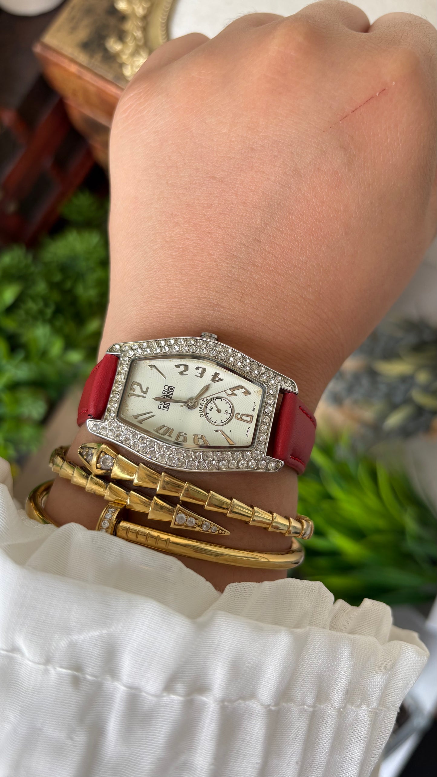 Vintage Figaro Milano Dual Face Rhinestoned Bezel in Silver Tone Red Leather Franck Muller Inspired Quartz #00911