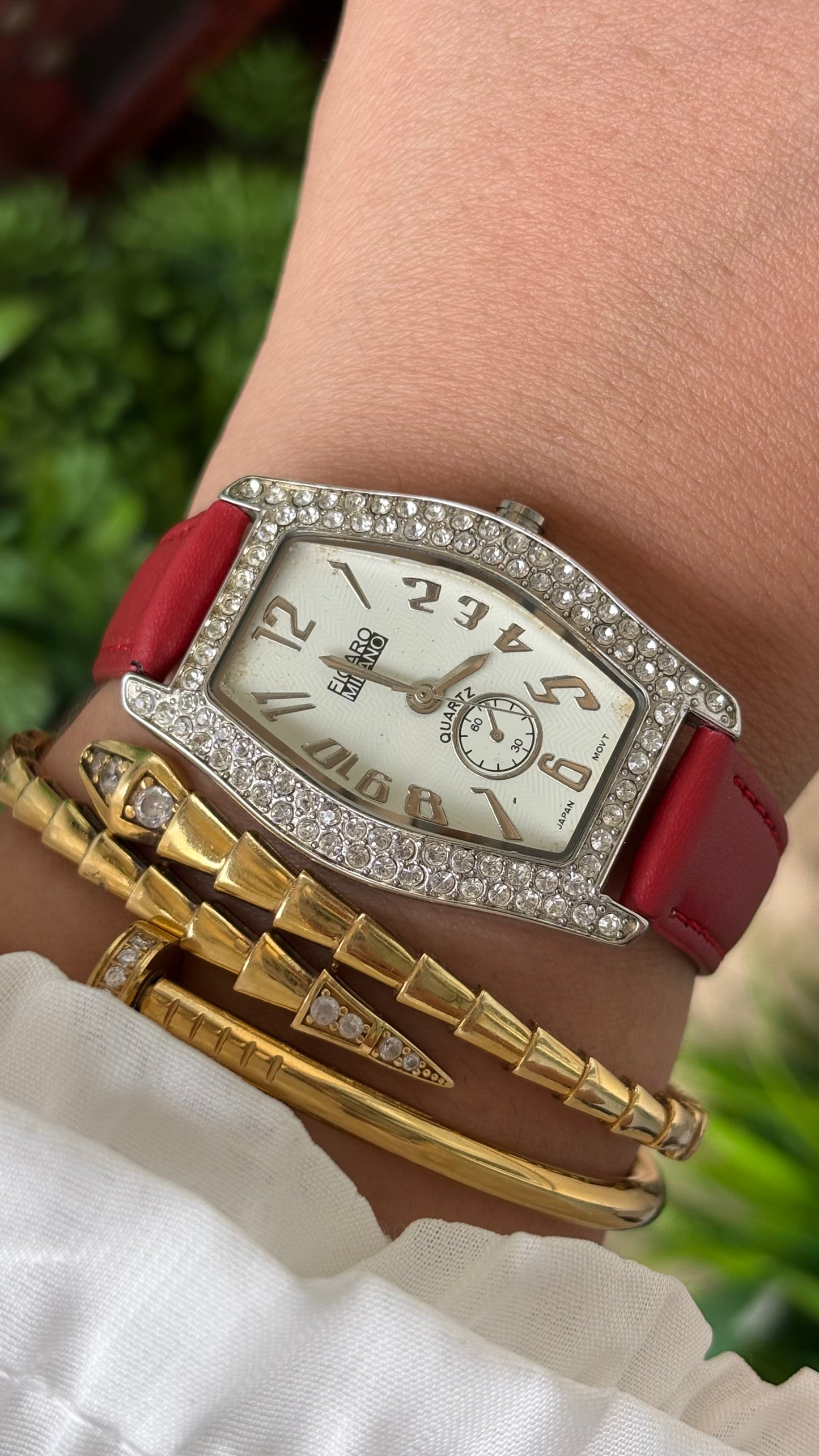 Vintage Figaro Milano Dual Face Rhinestoned Bezel in Silver Tone Red Leather Franck Muller Inspired Quartz #00911