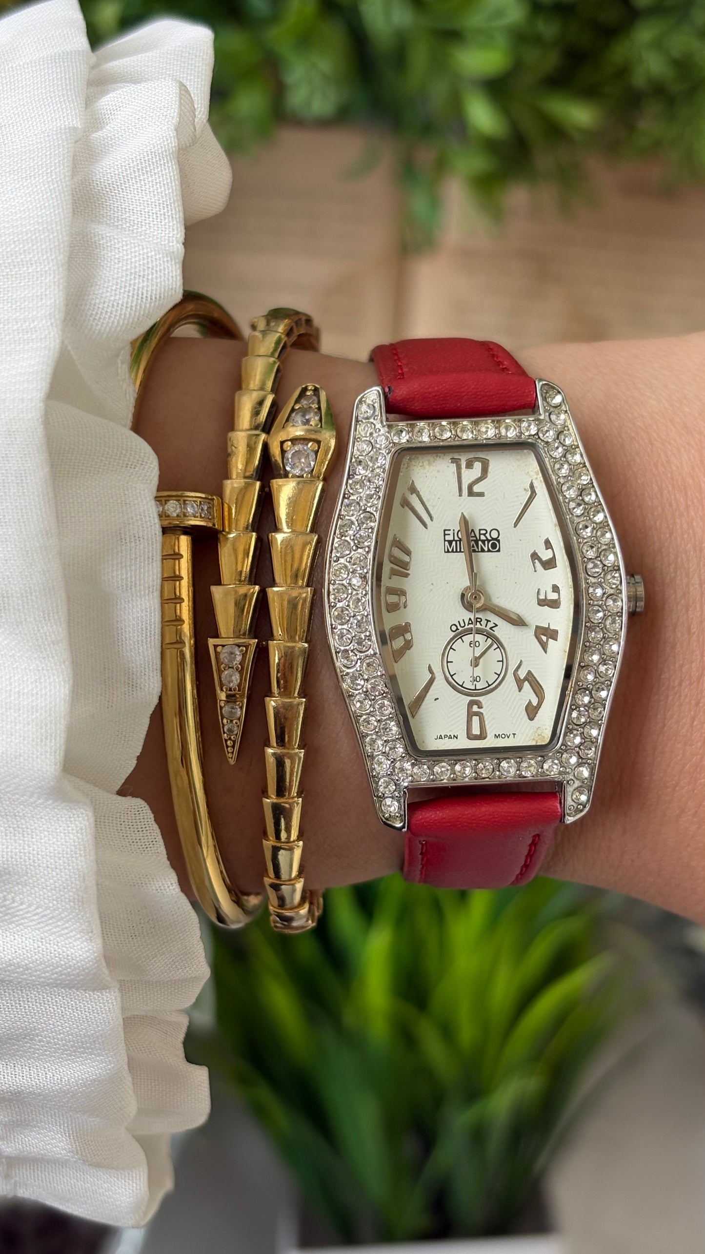 Vintage Figaro Milano Dual Face Rhinestoned Bezel in Silver Tone Red Leather Franck Muller Inspired Quartz #00911