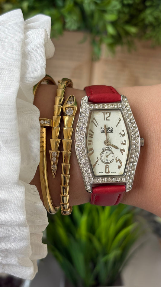 Vintage Figaro Milano Dual Face Rhinestoned Bezel in Silver Tone Red Leather Franck Muller Inspired Quartz #00911