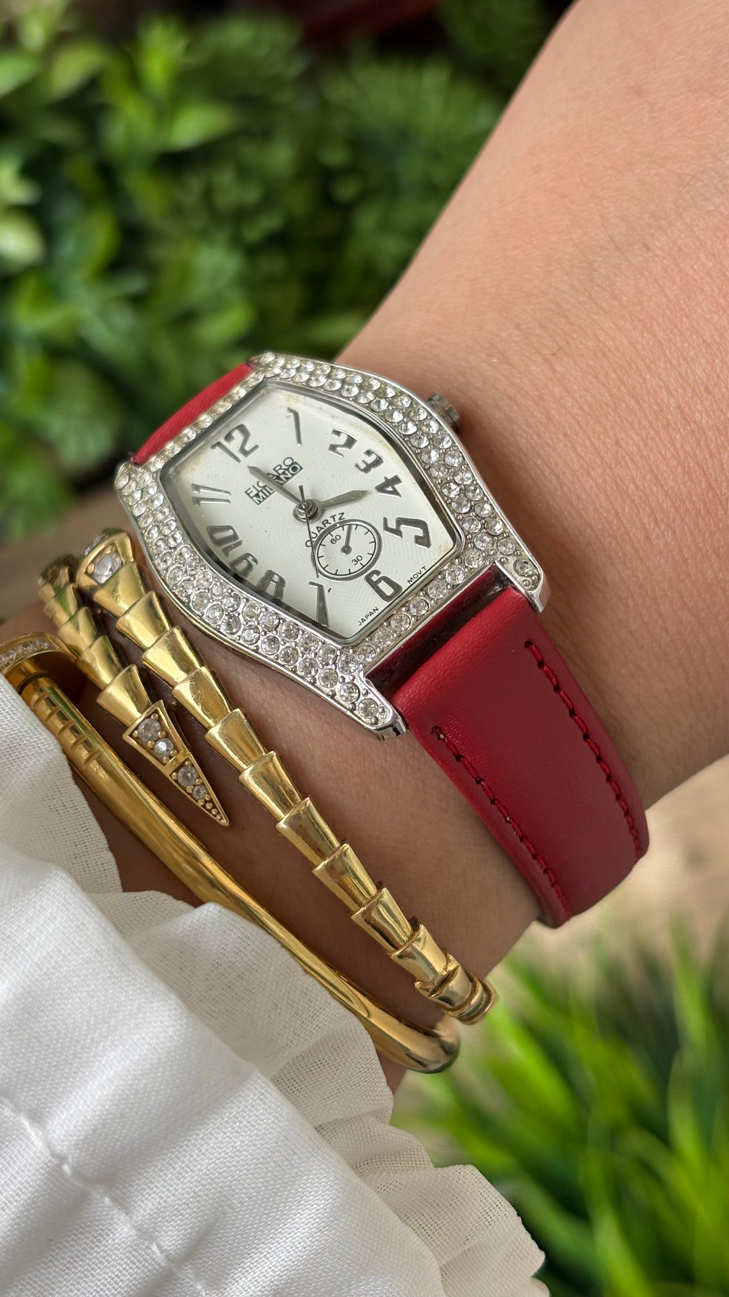 Vintage Figaro Milano Dual Face Rhinestoned Bezel in Silver Tone Red Leather Franck Muller Inspired Quartz #00911