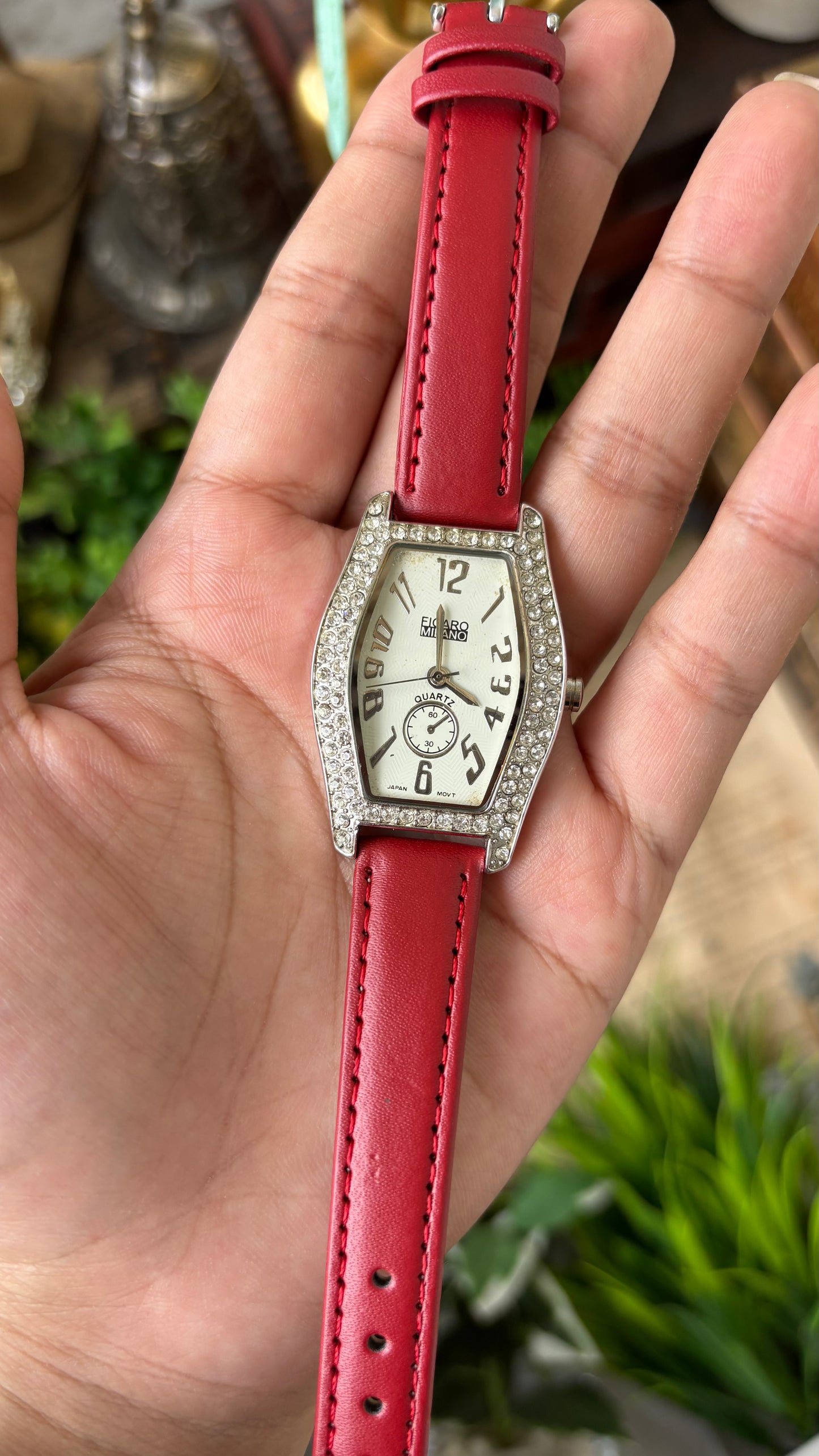 Vintage Figaro Milano Dual Face Rhinestoned Bezel in Silver Tone Red Leather Franck Muller Inspired Quartz #00911