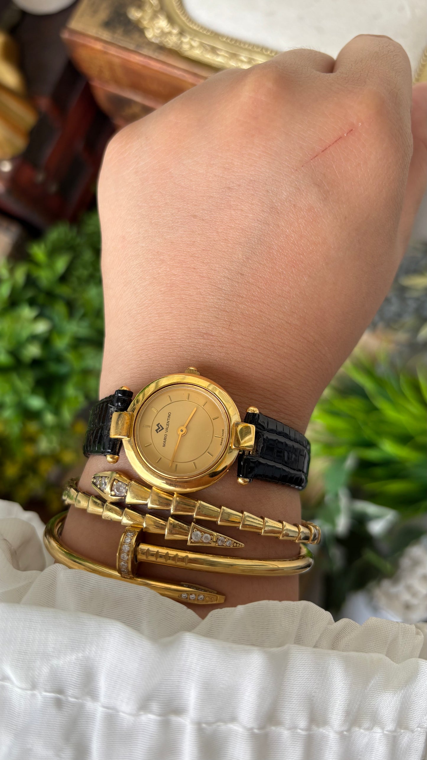 Rare Vintage Mario Valentino Swiss Elegant Minimalist Watch in Gold Tone Black Leather Gold Dial Quartz #00909