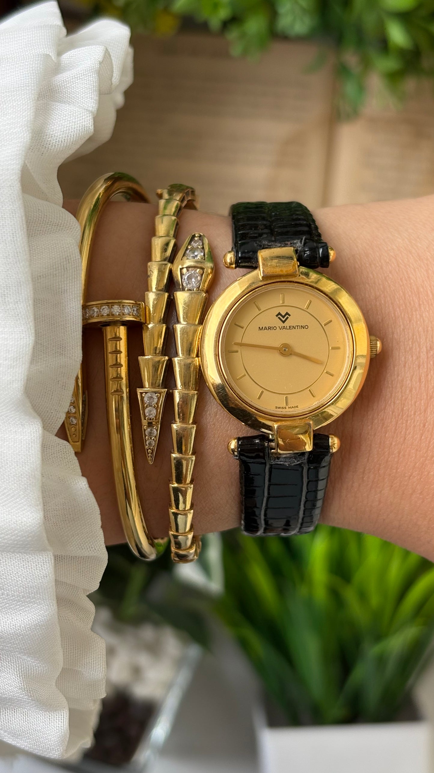 Rare Vintage Mario Valentino Swiss Elegant Minimalist Watch in Gold Tone Black Leather Gold Dial Quartz #00909