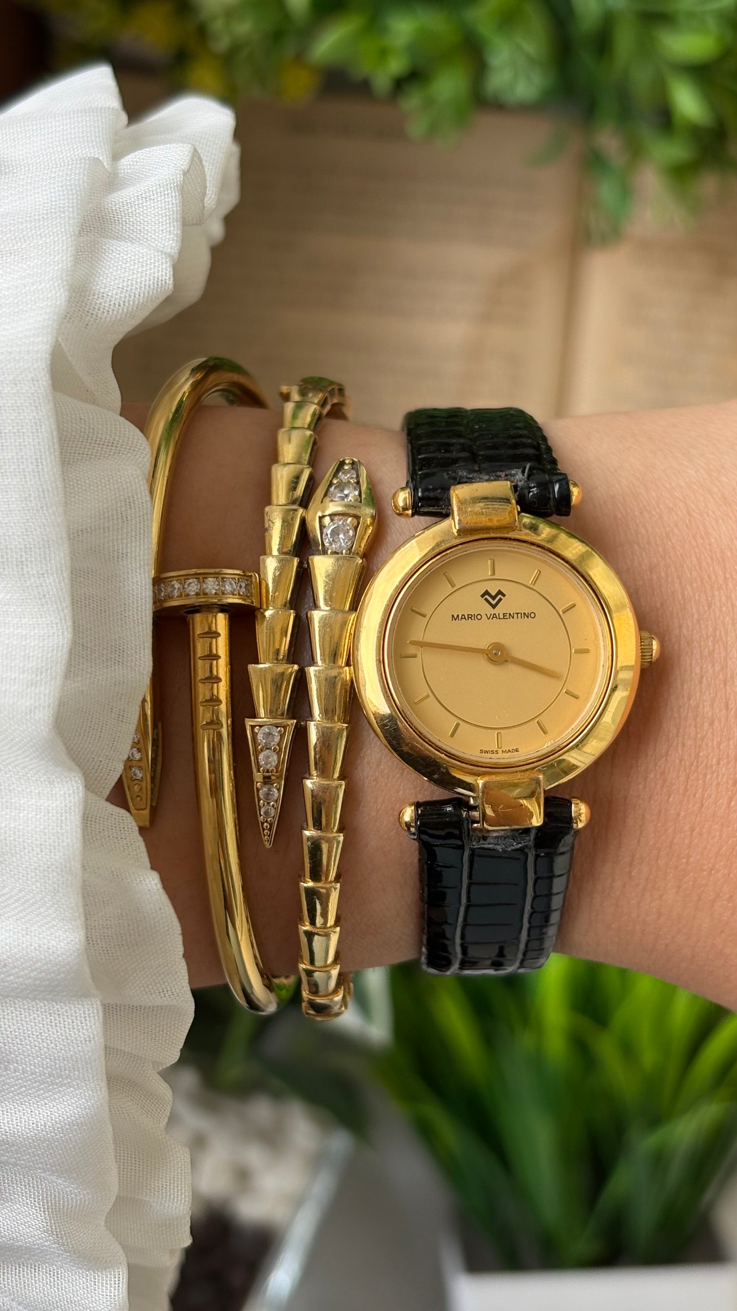 Rare Vintage Mario Valentino Swiss Elegant Minimalist Watch in Gold Tone Black Leather Gold Dial Quartz #00909