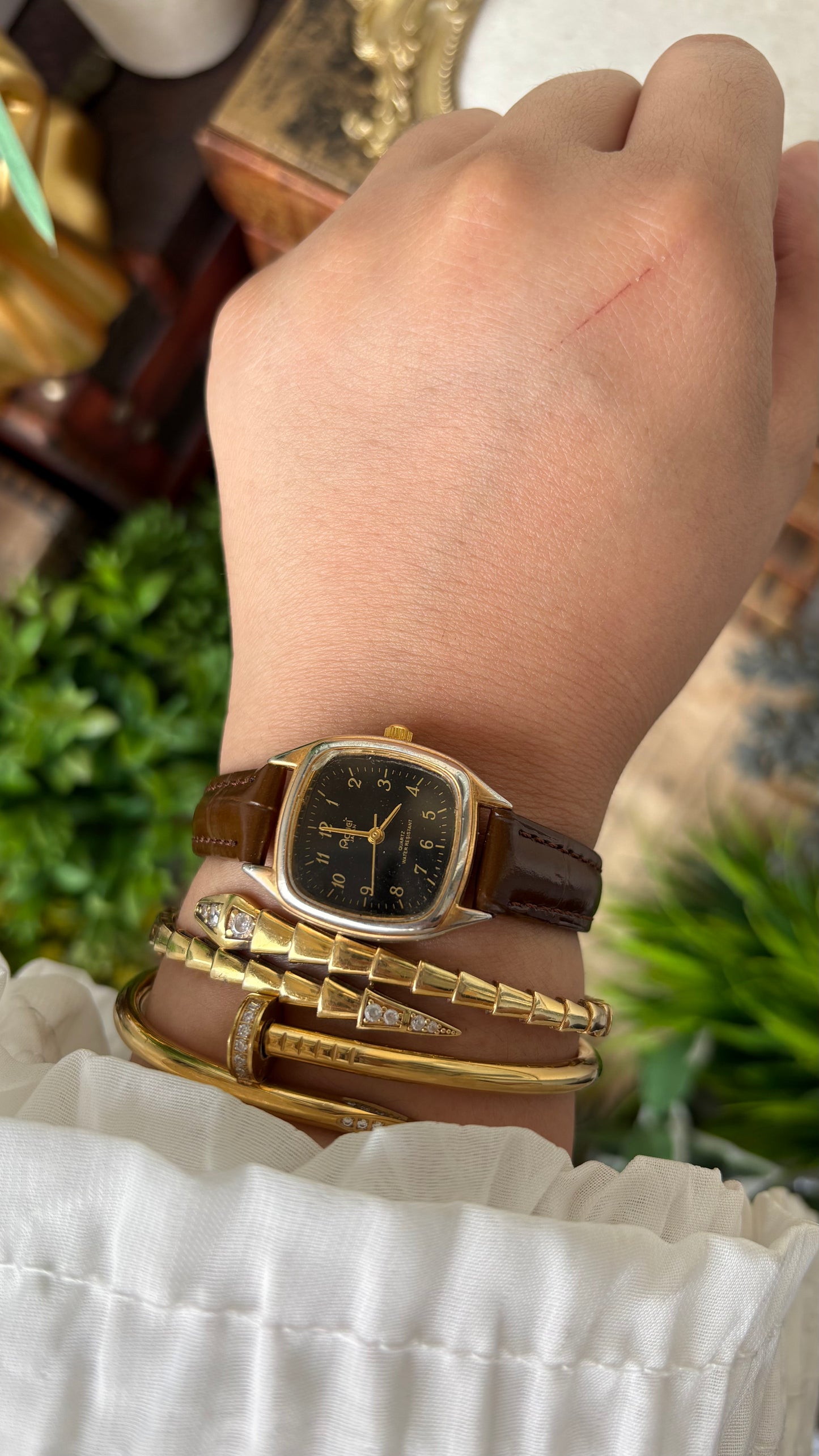 Rare Dainty Vintage Acuet Mini Tank Watch in Gold Tone Brown Leather Black Dial Omega Inspired Quartz #00929