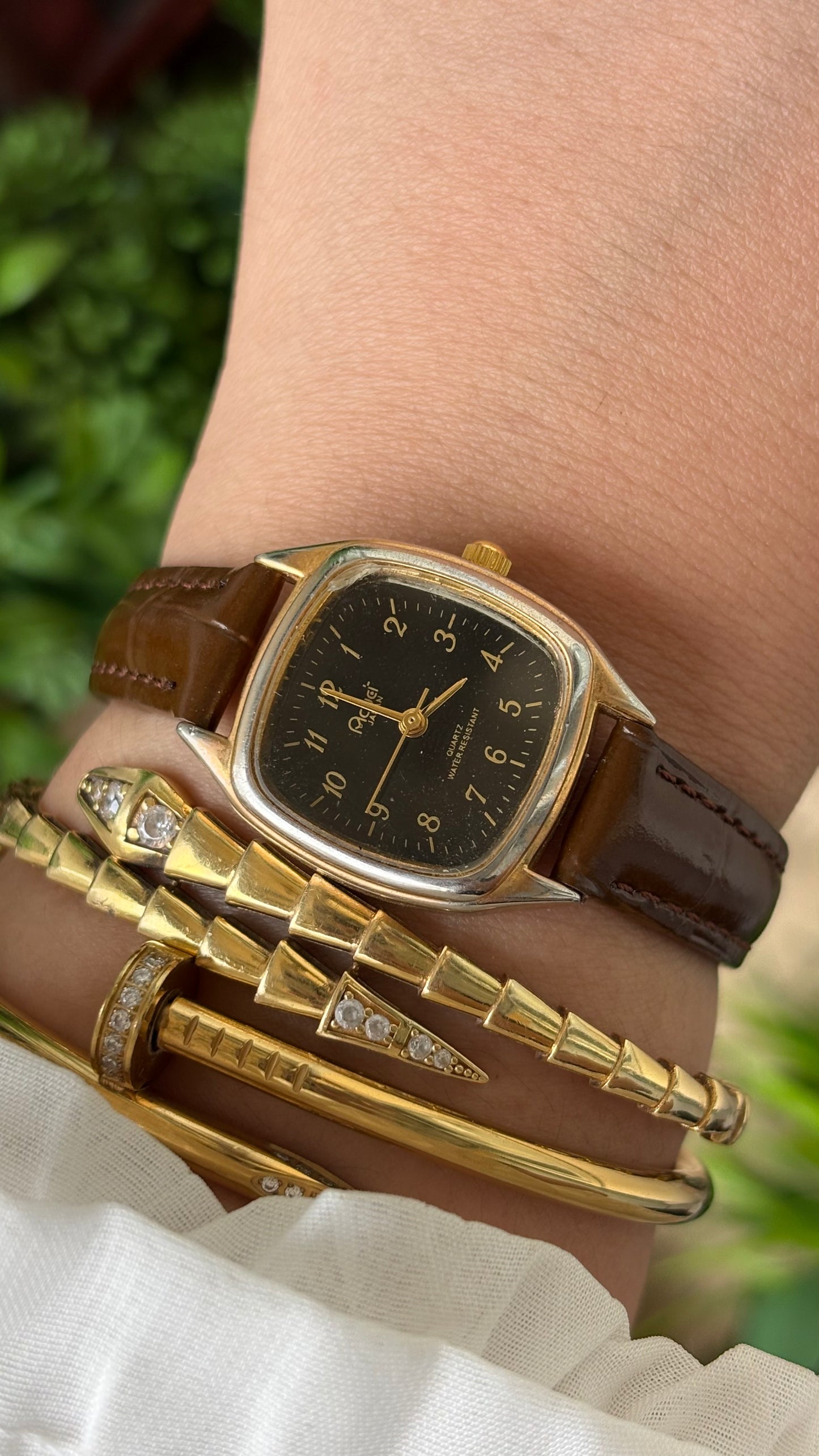 Rare Dainty Vintage Acuet Mini Tank Watch in Gold Tone Brown Leather Black Dial Omega Inspired Quartz #00929