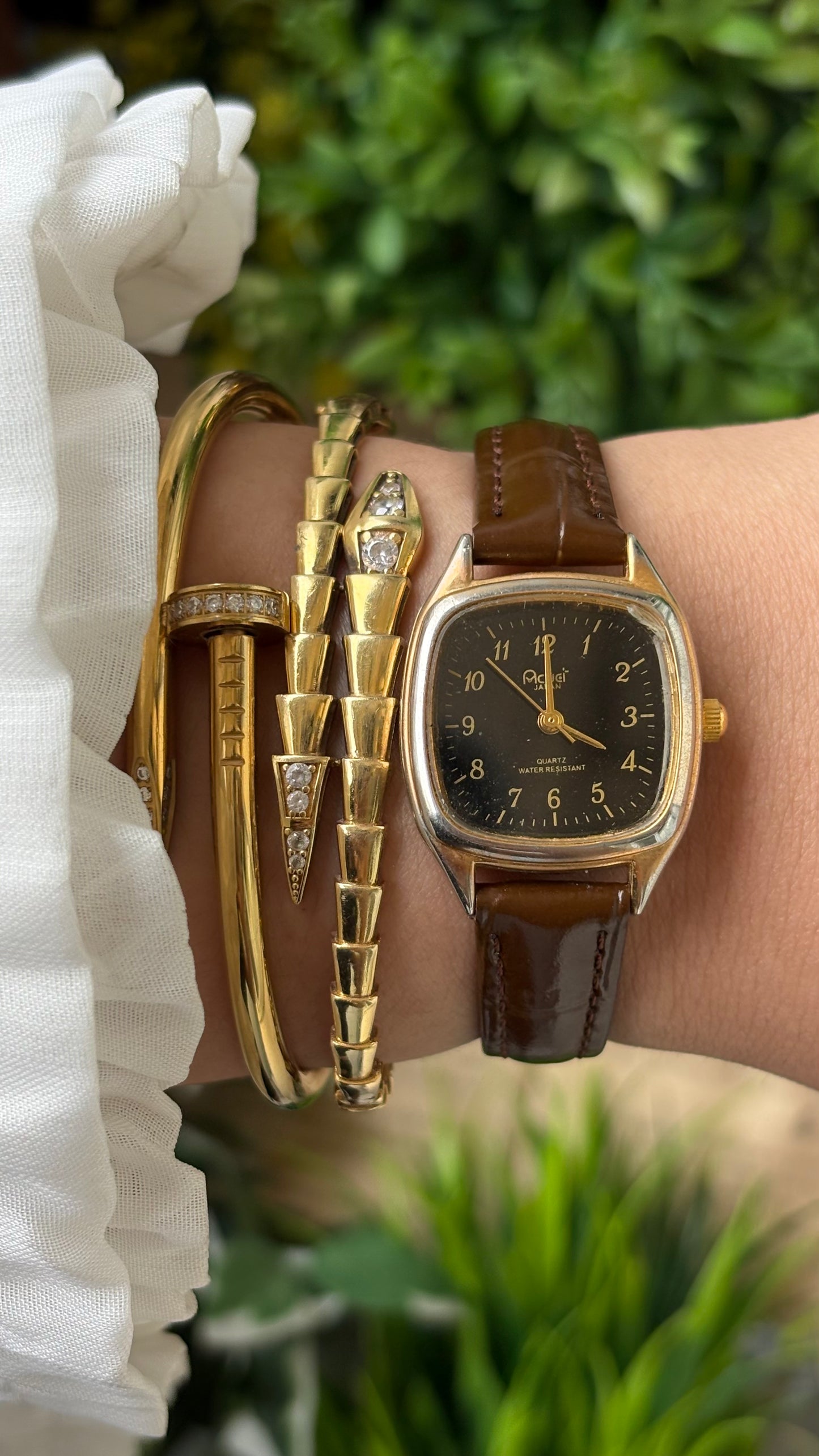 Rare Dainty Vintage Acuet Mini Tank Watch in Gold Tone Brown Leather Black Dial Omega Inspired Quartz #00929
