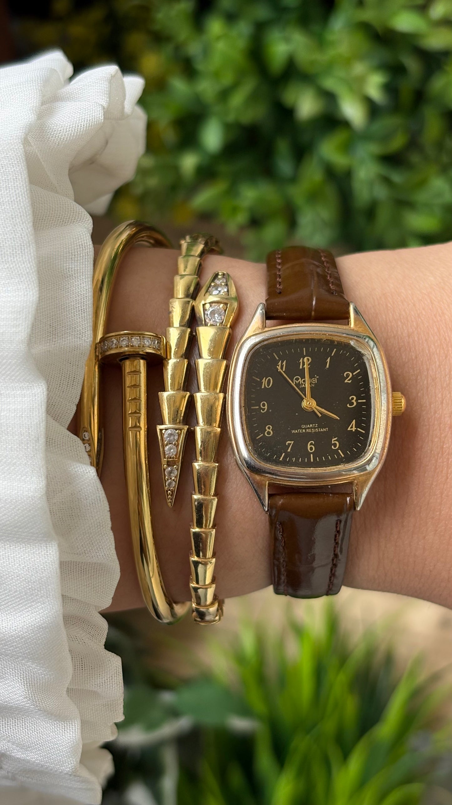 Rare Dainty Vintage Acuet Mini Tank Watch in Gold Tone Brown Leather Black Dial Omega Inspired Quartz #00929