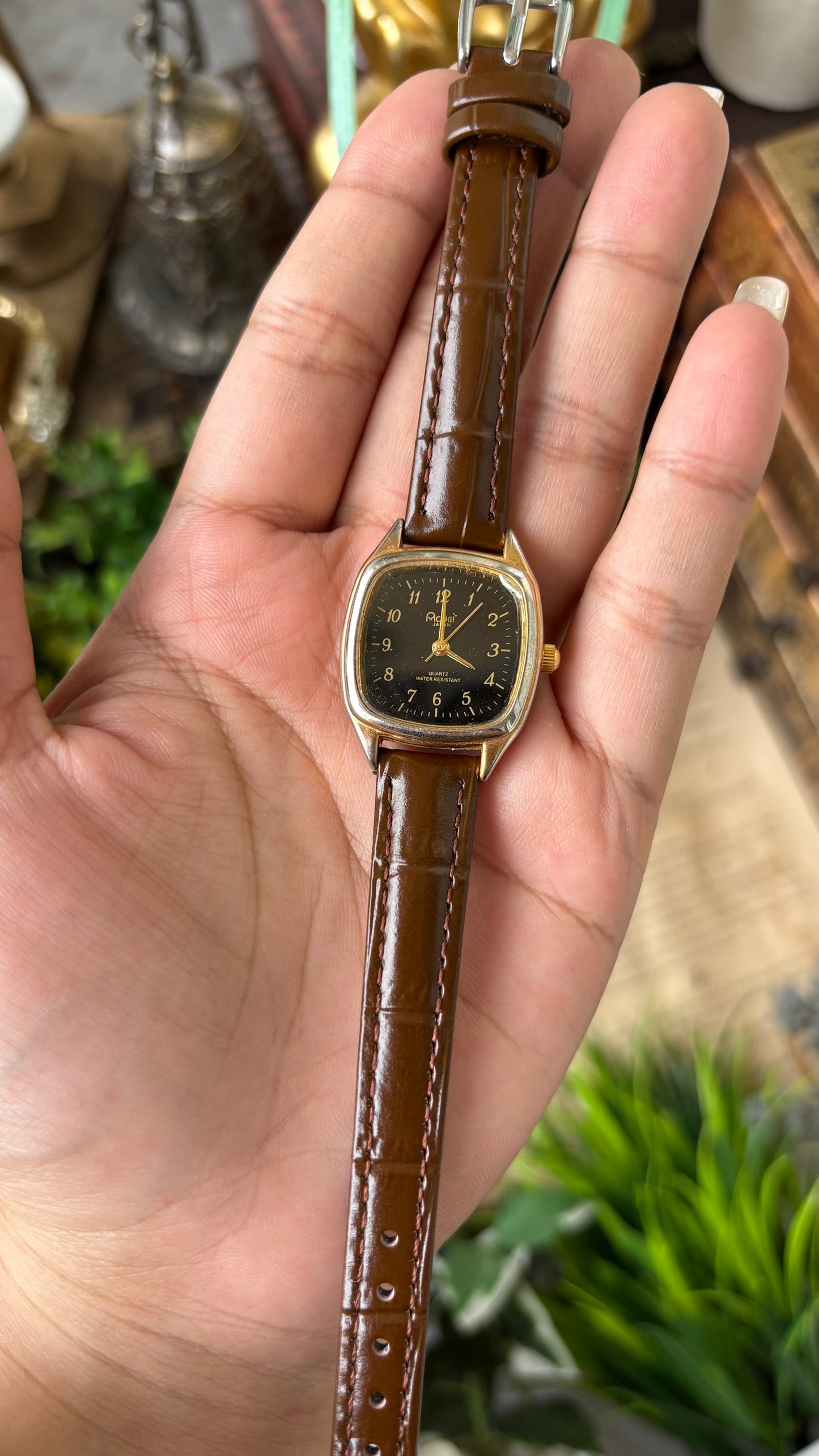 Rare Dainty Vintage Acuet Mini Tank Watch in Gold Tone Brown Leather Black Dial Omega Inspired Quartz #00929