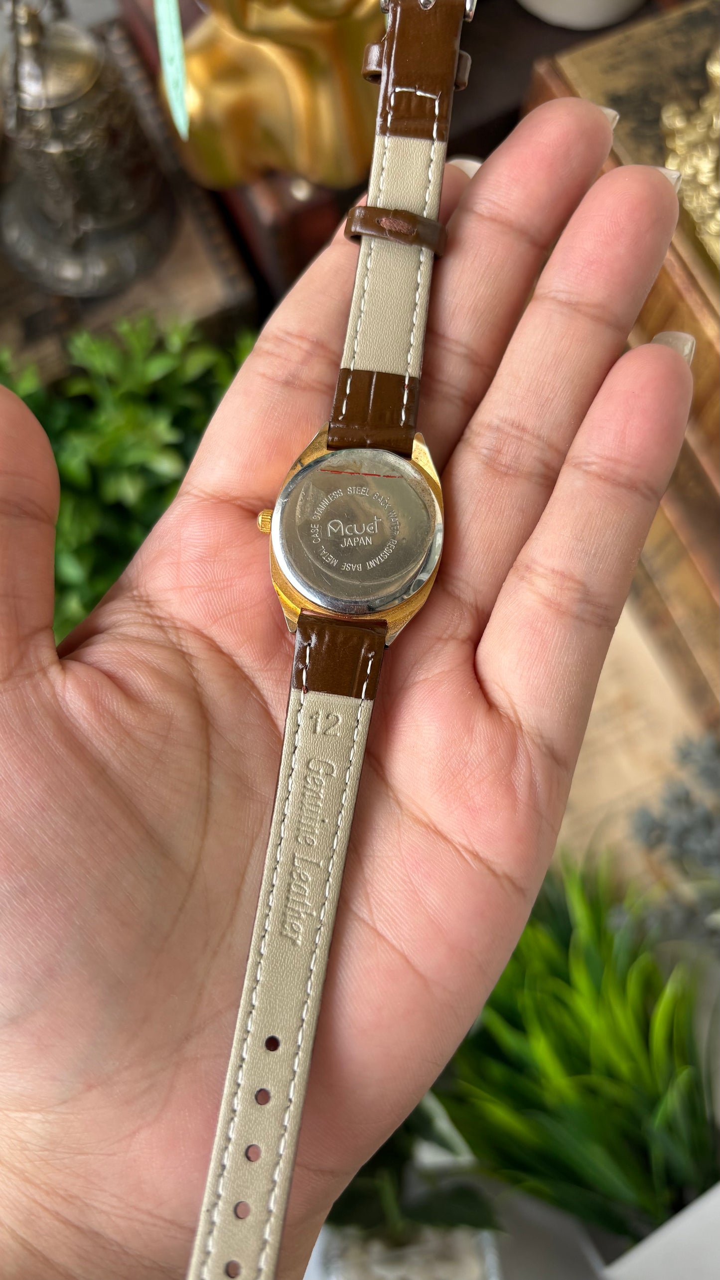 Rare Dainty Vintage Acuet Mini Tank Watch in Gold Tone Brown Leather Black Dial Omega Inspired Quartz #00929