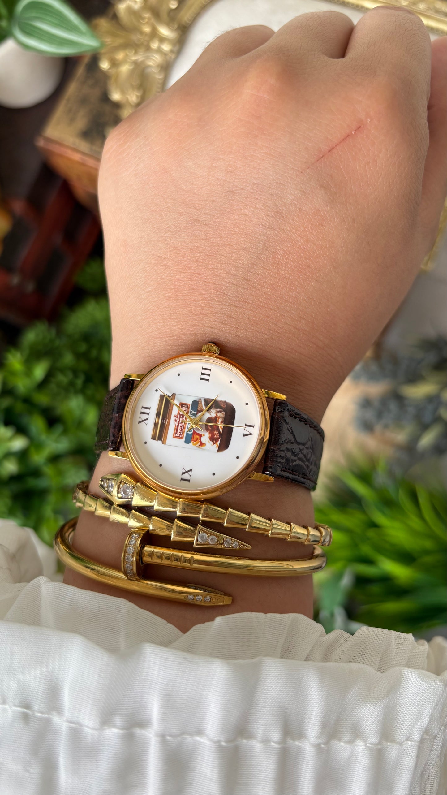 Rare Vintage Pepper Ridge Farm Gravy Art Deco 18k Gold Micron Plating Watch in Gold Tone Brown Leather Quartz #00904