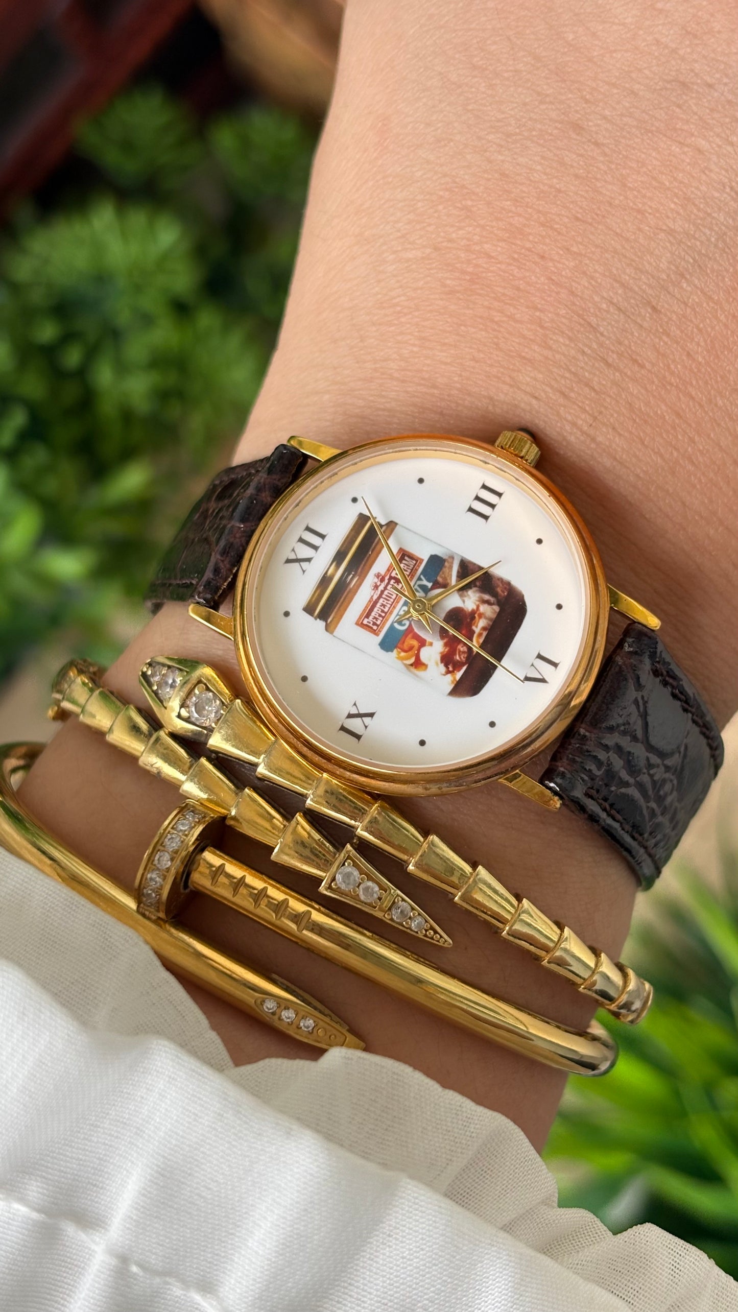 Rare Vintage Pepper Ridge Farm Gravy Art Deco 18k Gold Micron Plating Watch in Gold Tone Brown Leather Quartz #00904