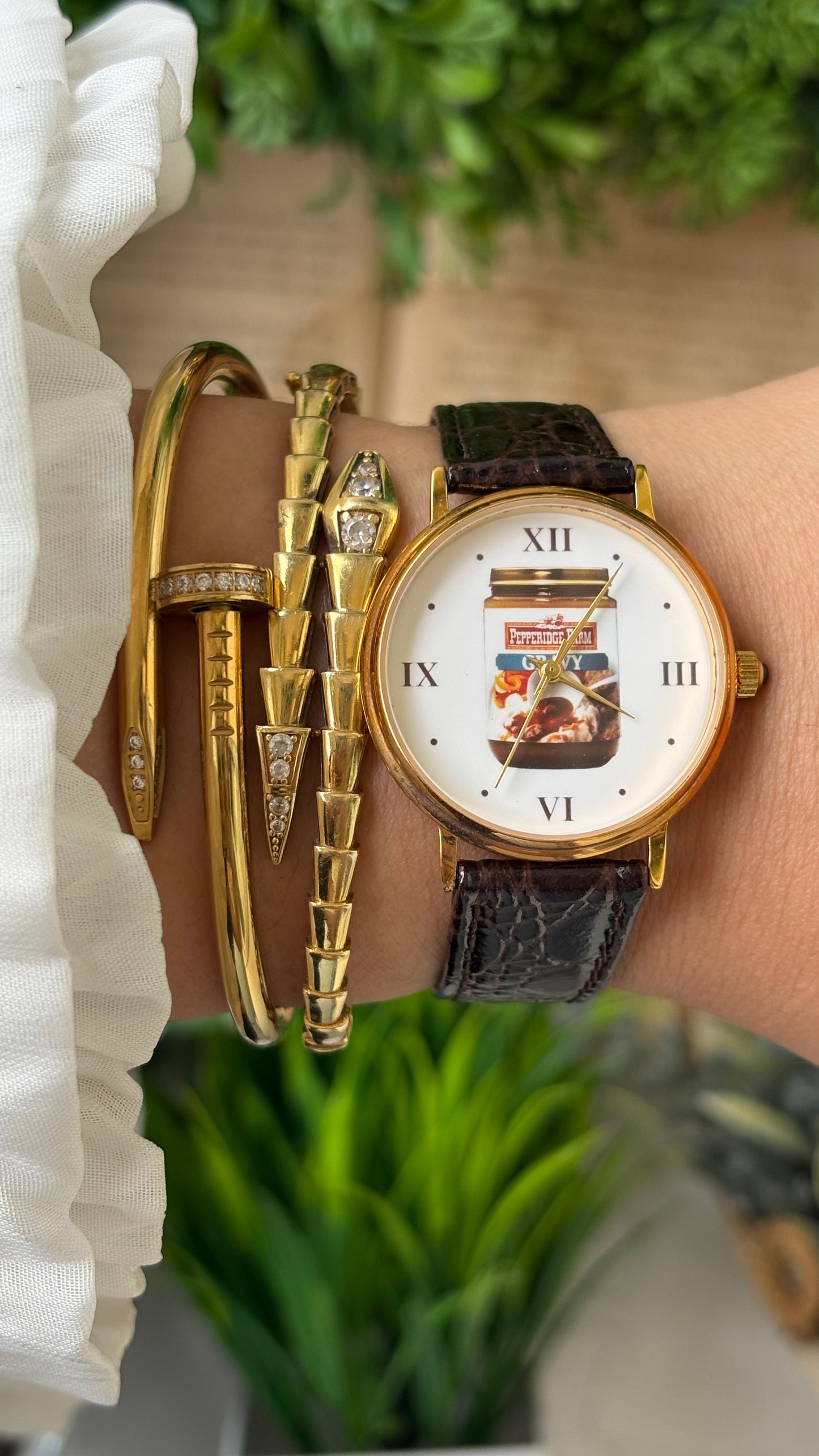 Rare Vintage Pepper Ridge Farm Gravy Art Deco 18k Gold Micron Plating Watch in Gold Tone Brown Leather Quartz #00904