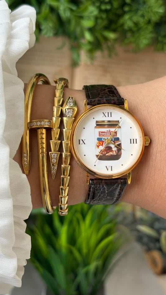 Rare Vintage Pepper Ridge Farm Gravy Art Deco 18k Gold Micron Plating Watch in Gold Tone Brown Leather Quartz #00904