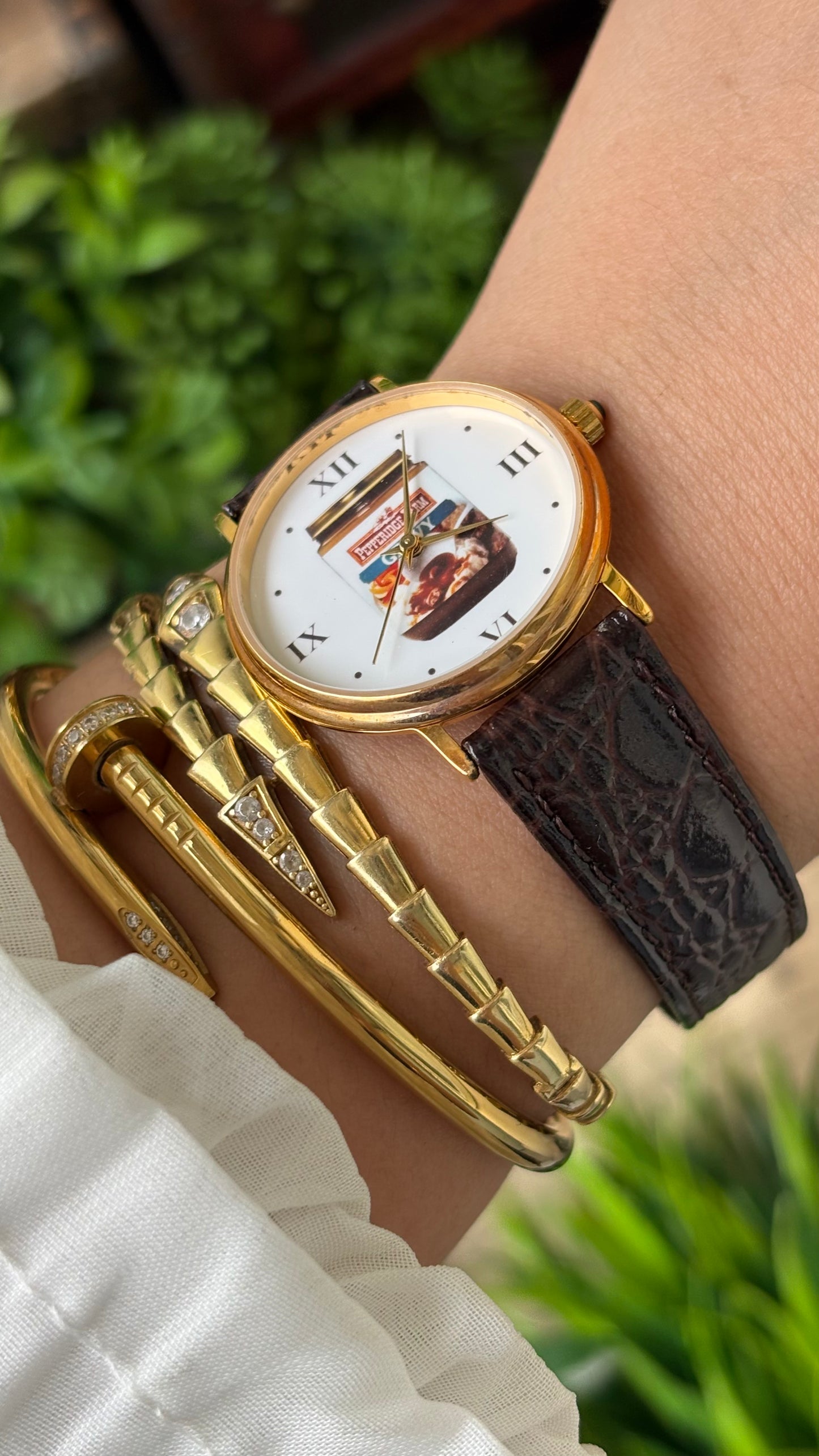 Rare Vintage Pepper Ridge Farm Gravy Art Deco 18k Gold Micron Plating Watch in Gold Tone Brown Leather Quartz #00904