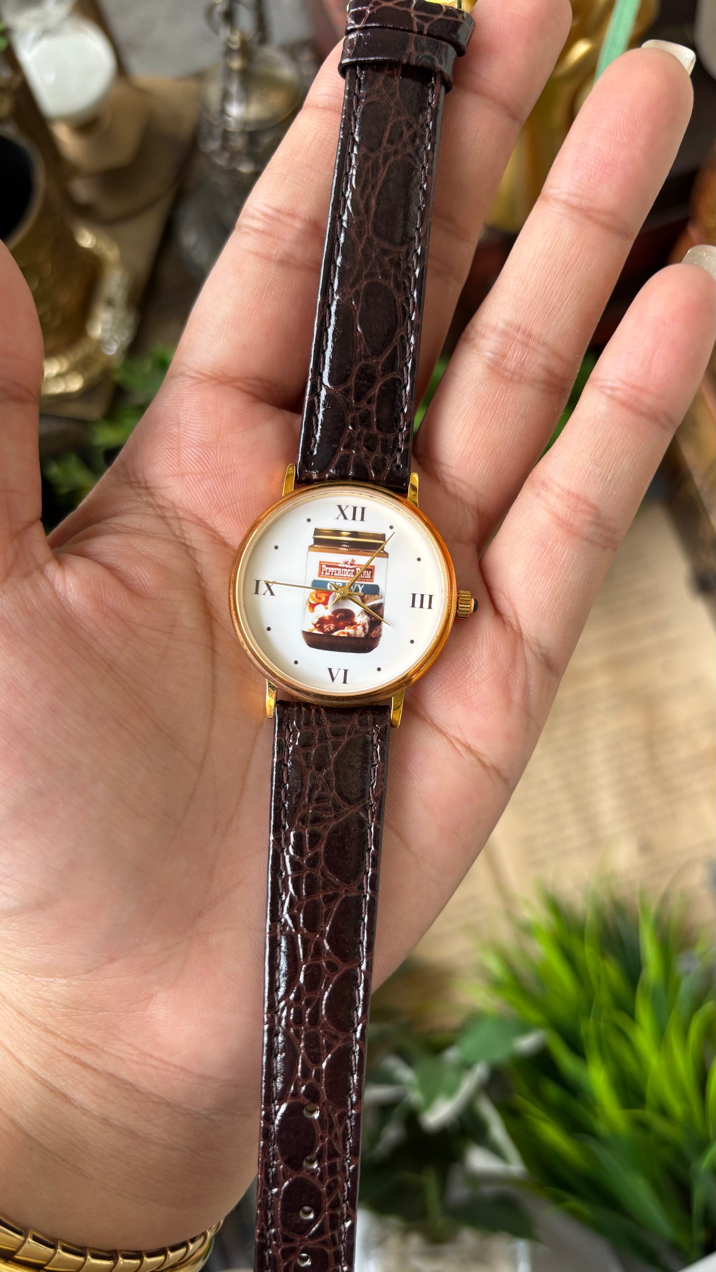 Rare Vintage Pepper Ridge Farm Gravy Art Deco 18k Gold Micron Plating Watch in Gold Tone Brown Leather Quartz #00904